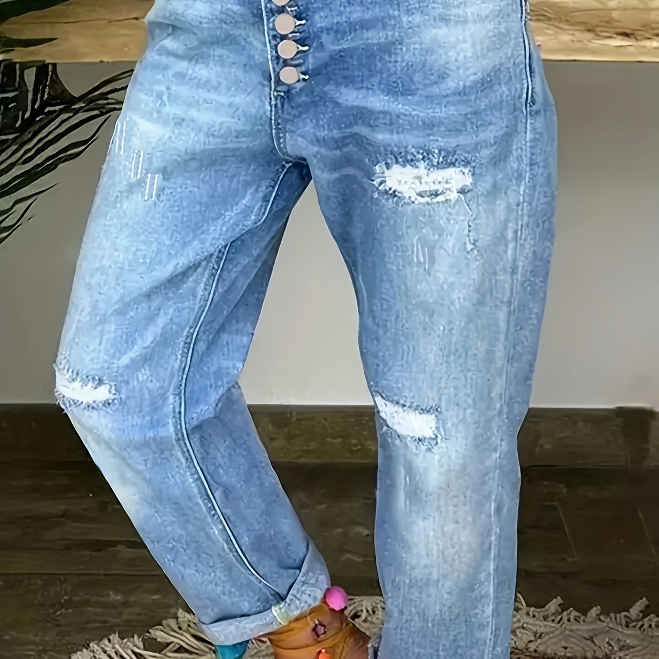 

Plain Washed Blue Single-breasted Ripped Casual Style Denim Pants, Women's Denim Jeans & Clothing
