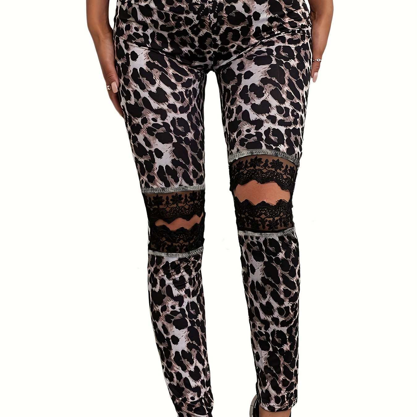 Leopard Print Ripped Skinny Leggings Casual Lace Stitching - Temu