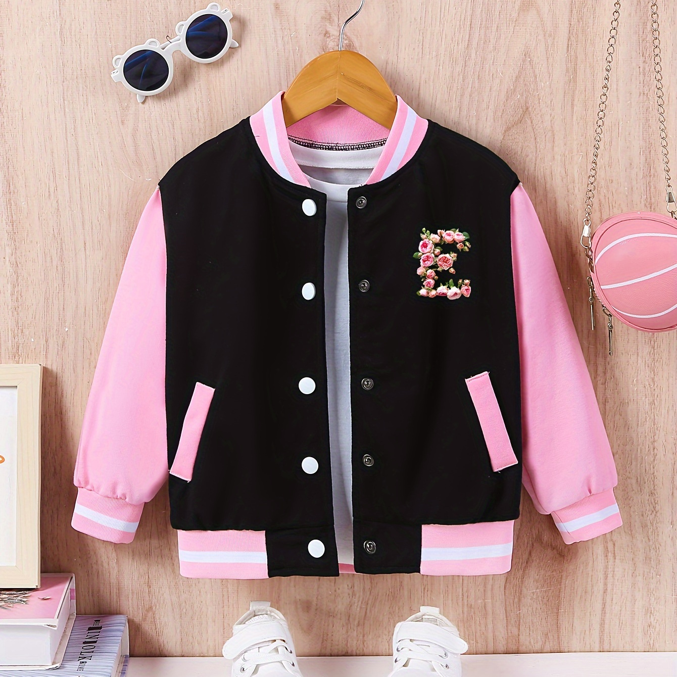 

Girls' Fashion Bomber Jacket With Floral Letter E Detail, Casual Varsity Style, Spring/autumn Outerwear