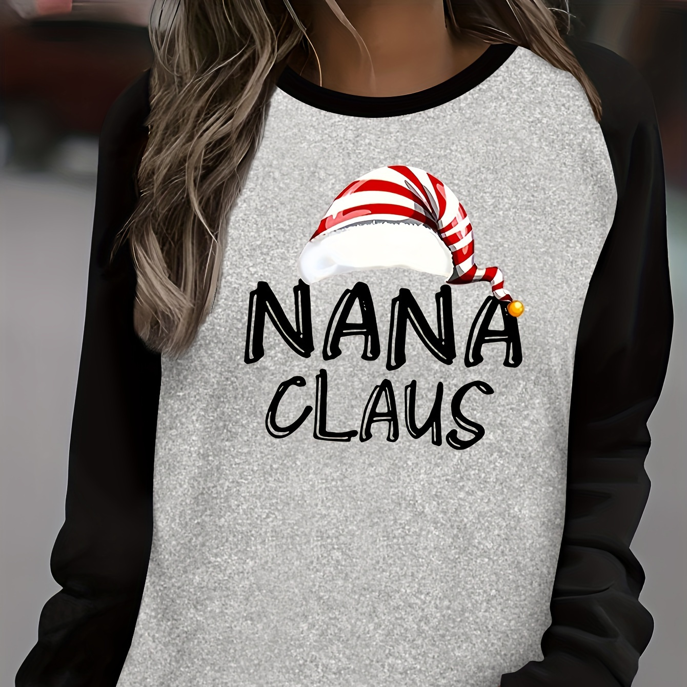 

Christmas Applique "nana Claus" Long Sleeve Raglan T-shirt - Polyester Blend, Casual Crew Neck, Knitted Fabric, Regular Fit, Holiday Graphic Tee For All Seasons