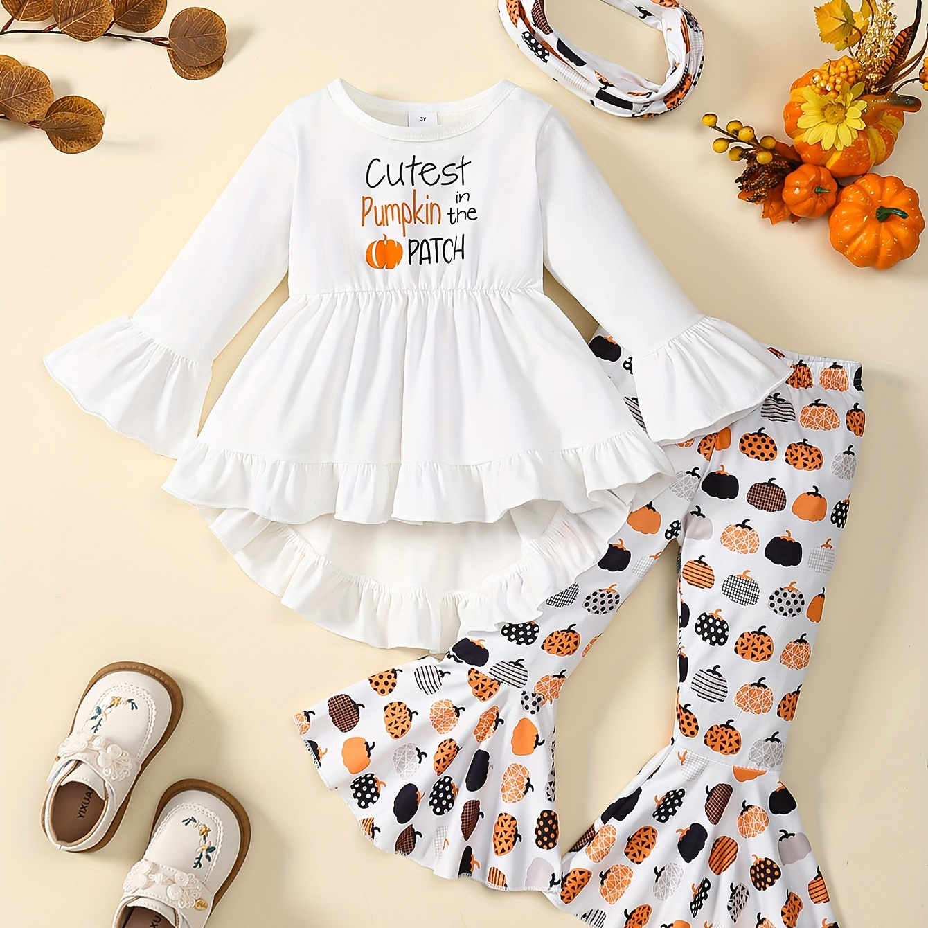 

3pcs Girl's New Letter Printed Ruffle Sleeve Round Neck Dress&pumpkin Full Print Flared Pants&scarf Autumn/winter Fashion Set