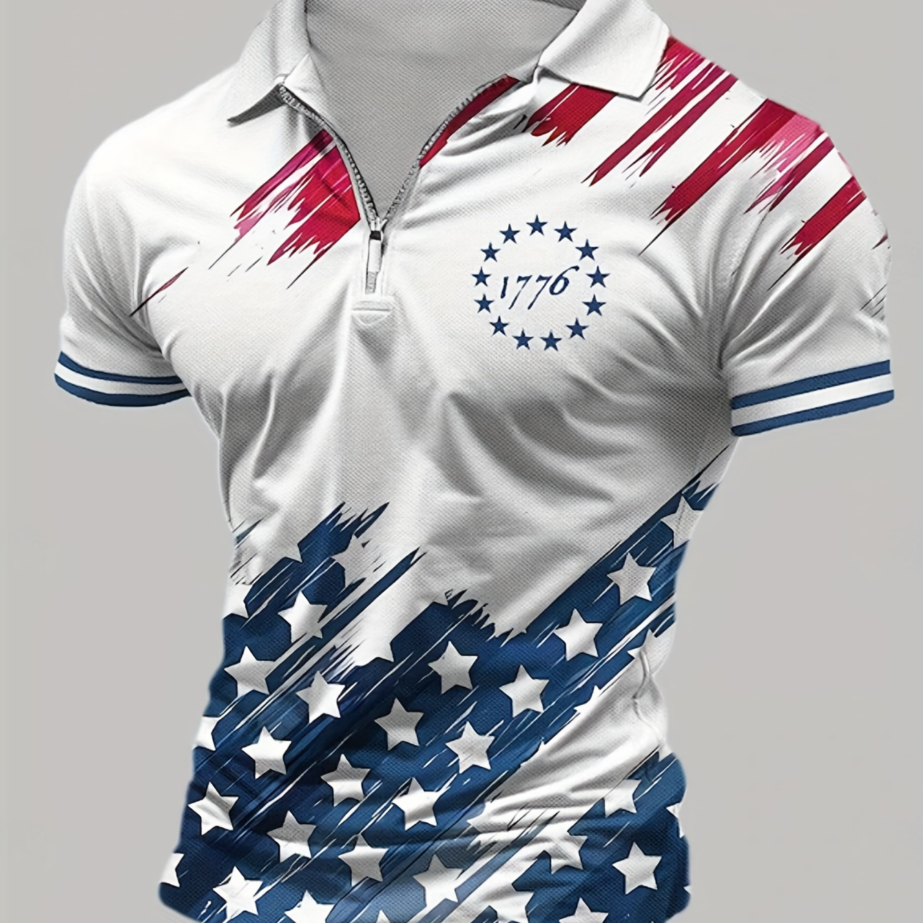 

Men's Casual Henry Shirt, Stylish Lapel Zipper Men's Short Sleeve, Flag 3d Printed Top