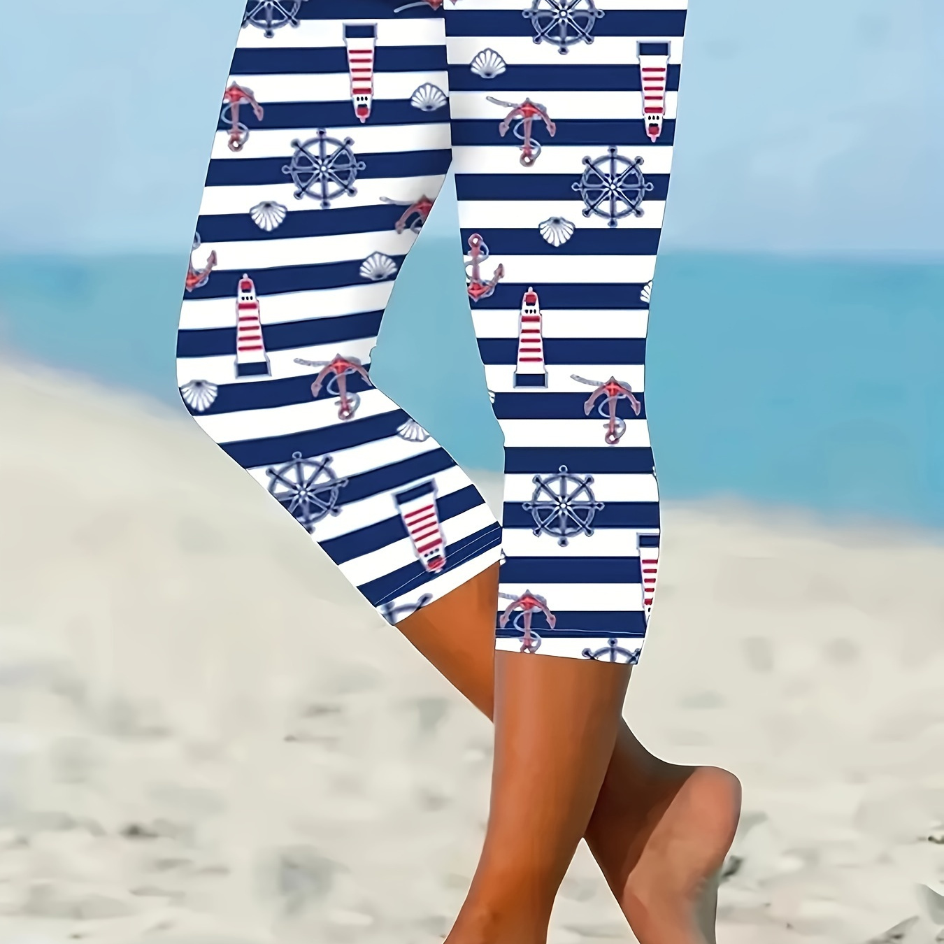

Plus Size Stripe & Anchor Print Capri Leggings, Casual Elastic Waist Stretchy Leggings For Spring & Summer, Women's Plus Size Clothing