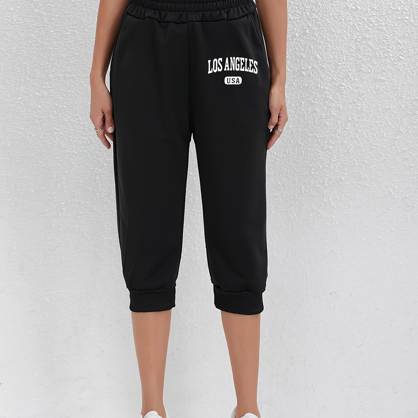 

Los Angeles Print Fitted Bottom Joggers, Casual Elastic Waist Slant Pockets Sporty Capris Pants For Spring & Summer, Women's Clothing