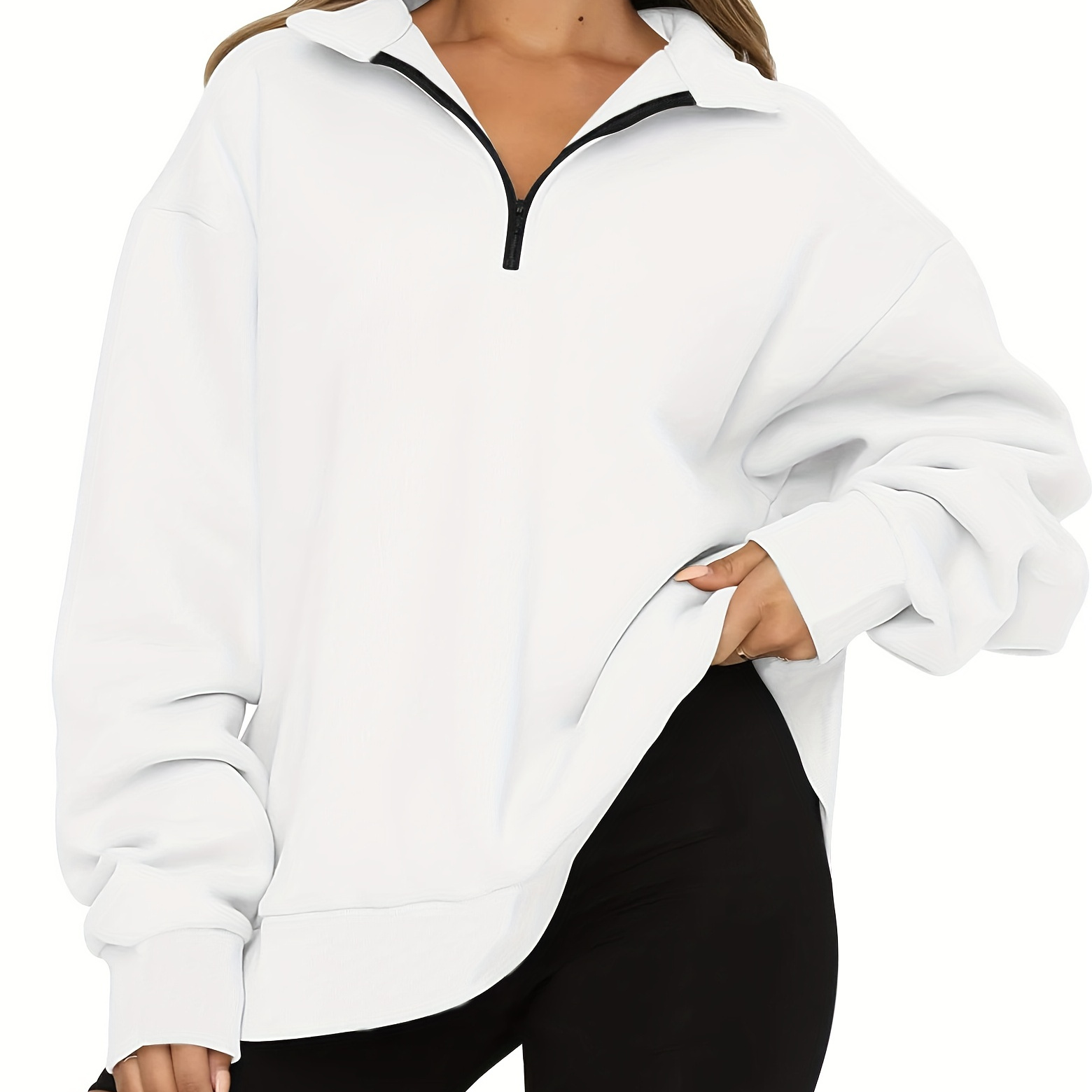 Women's Oversized Half Zip Pullover Long Sleeve Sweatshirt, Solid Color Zip Hoodie Trendy Fall Fashion Y2K Style Pullover Tops, Women's Sporty Sweatshirts