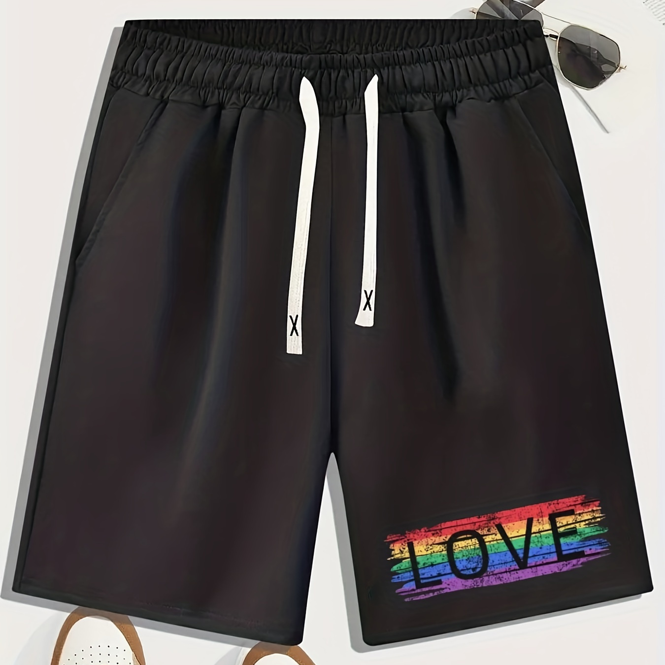 Gay Pride Month Theme, RAINBOW LOVE Print Elastic Waist Shorts, Solid Casual Shorts, Men's Clothing Plus Size, LGBT Element