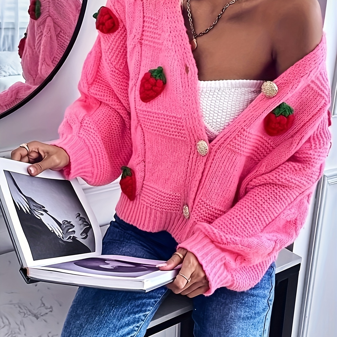 

Women's Casual V-neck Cardigan Sweater With Strawberry Detail, 100% Acrylic Knit Fabric, All- Pattern Outerwear With Button Closure