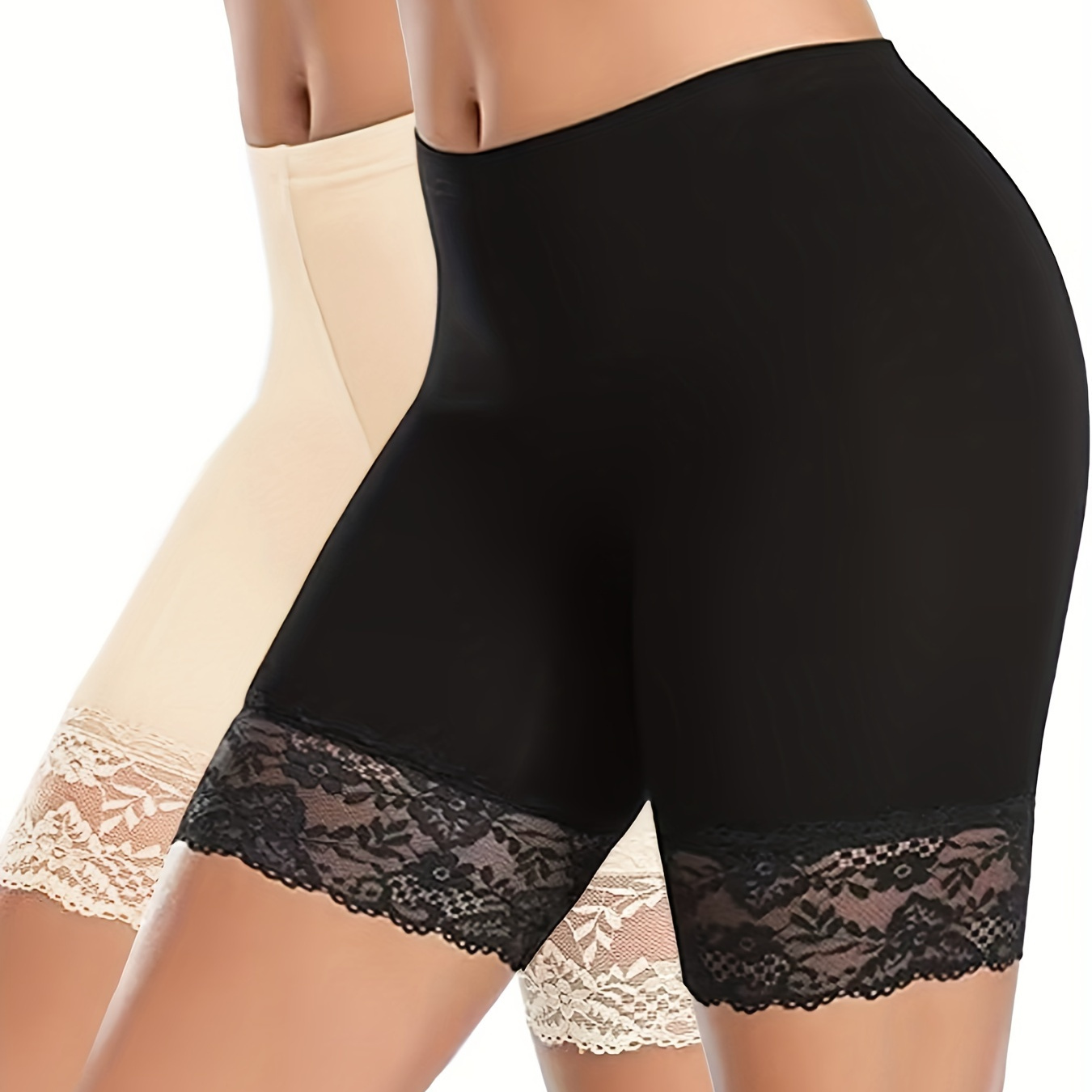 

Lot de 2 leggings unis avec ourlet en dentelle, leggings taille élastique décontractés pour le printemps et l'été, vêtements pour femmes