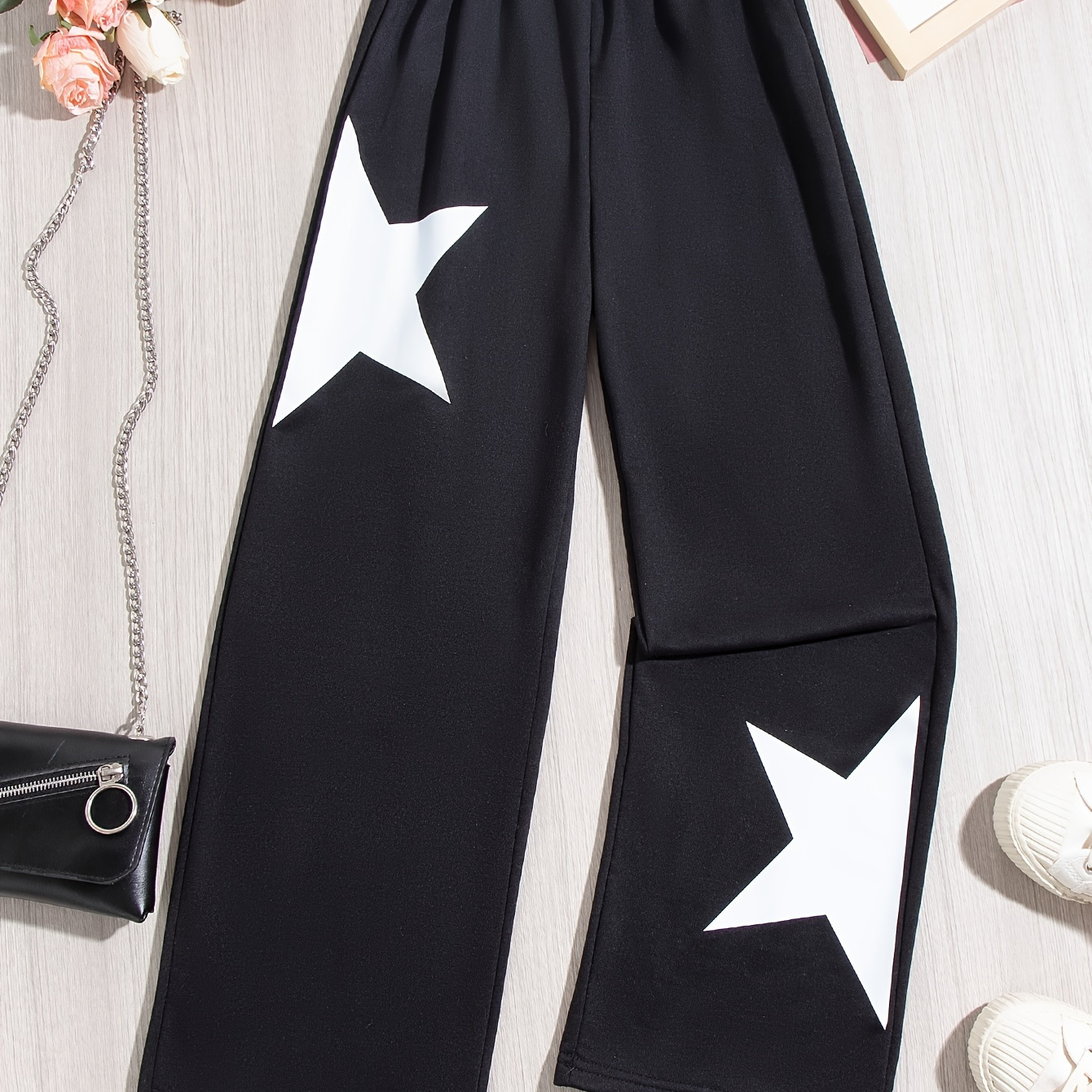 

Girls' Trendy Stars Print High Waisted Wide-leg Pants, Loose Fit Kids Trousers For Autumn And Winter