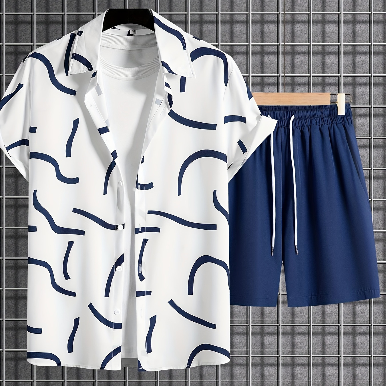 

2-piece Men's Casual Summer Vacation Outfit Set, Men's Abstract Random Print Short Sleeve Lapel Shirt & Solid Drawstring Shorts Set