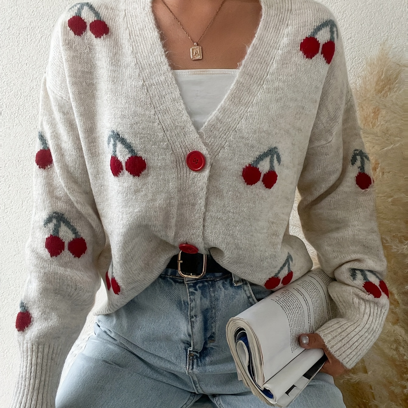 

Elegant Acrylic Sweater Cardigan With Cherry Pattern, V-neck Knit Fabric Pullover For All
