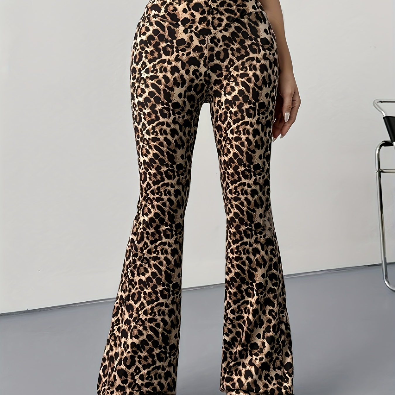 

Women's High Waist Leopard Print Flare Leg Pants, Polyester Spandex , Strap Design, Knit Fabric Trousers, Comfort - Adult Fashion Bell Bottom Pants