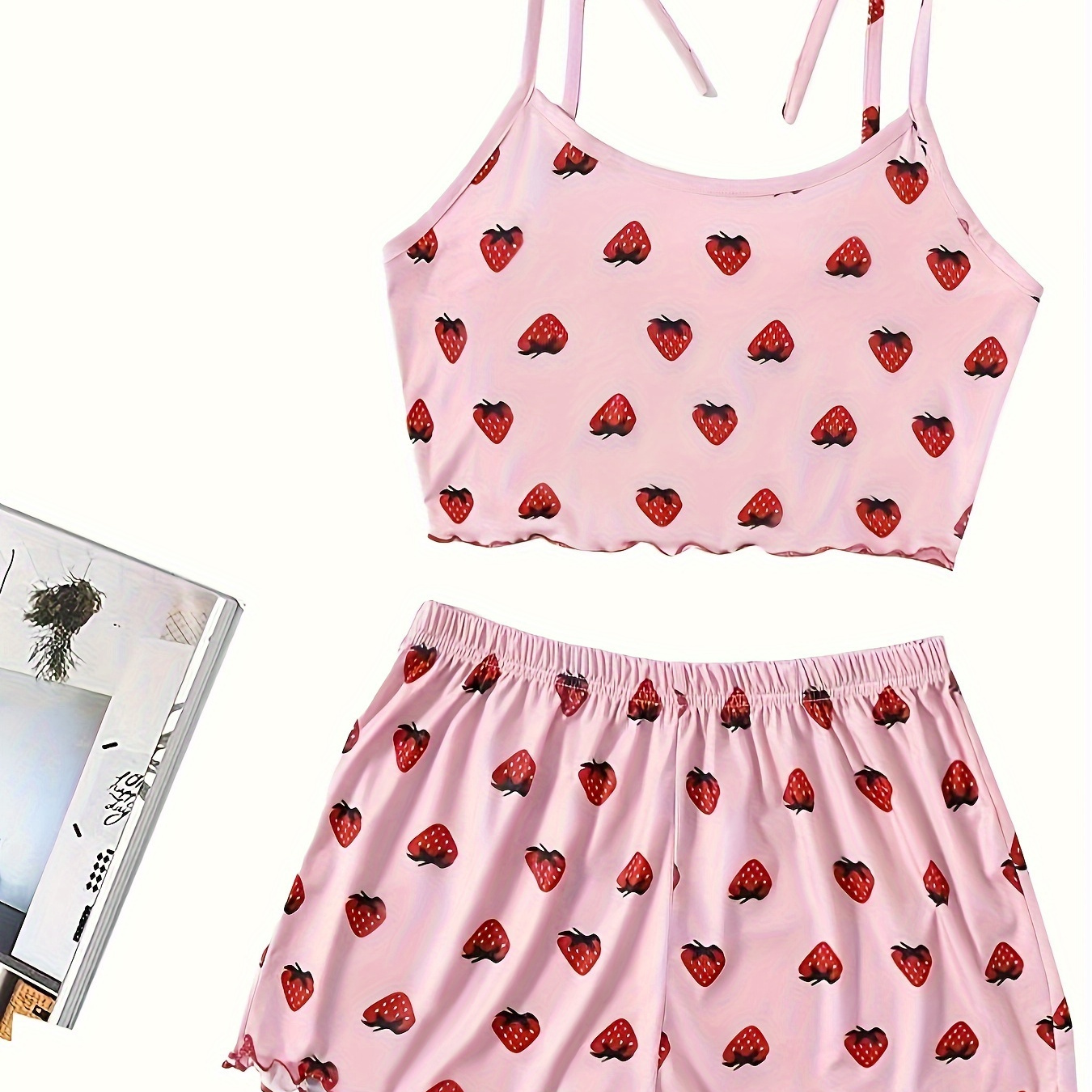 

Strawberry Print Pajama Set, Lace Up Cami Top & Lettuce Trim Shorts, Women's Sleepwear & Loungewear