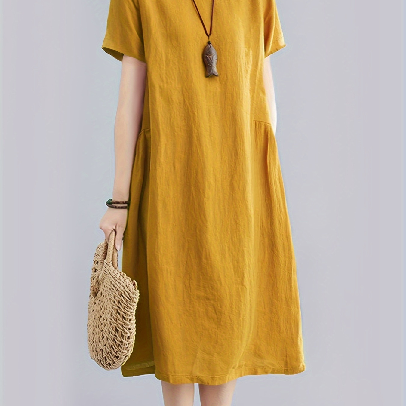 

Solid Color Crew Neck Dress, Casual Short Sleeve Midi Dress For Summer & Spring, Women's Clothing