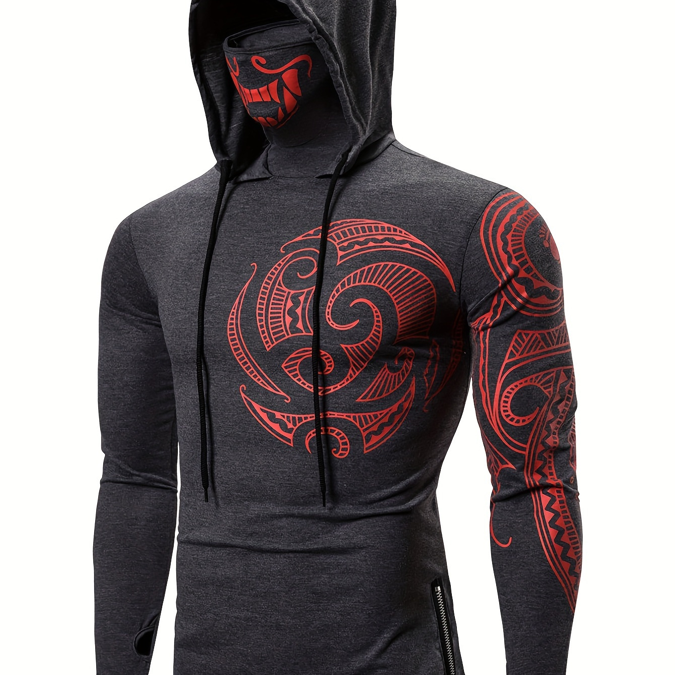 

Men's Slim-fit Hooded Shirt With Face Mask - Stylish Black & White Swirl Pattern, 100% Polyester, Machine Washable - For All , Outdoor Activities & Halloween