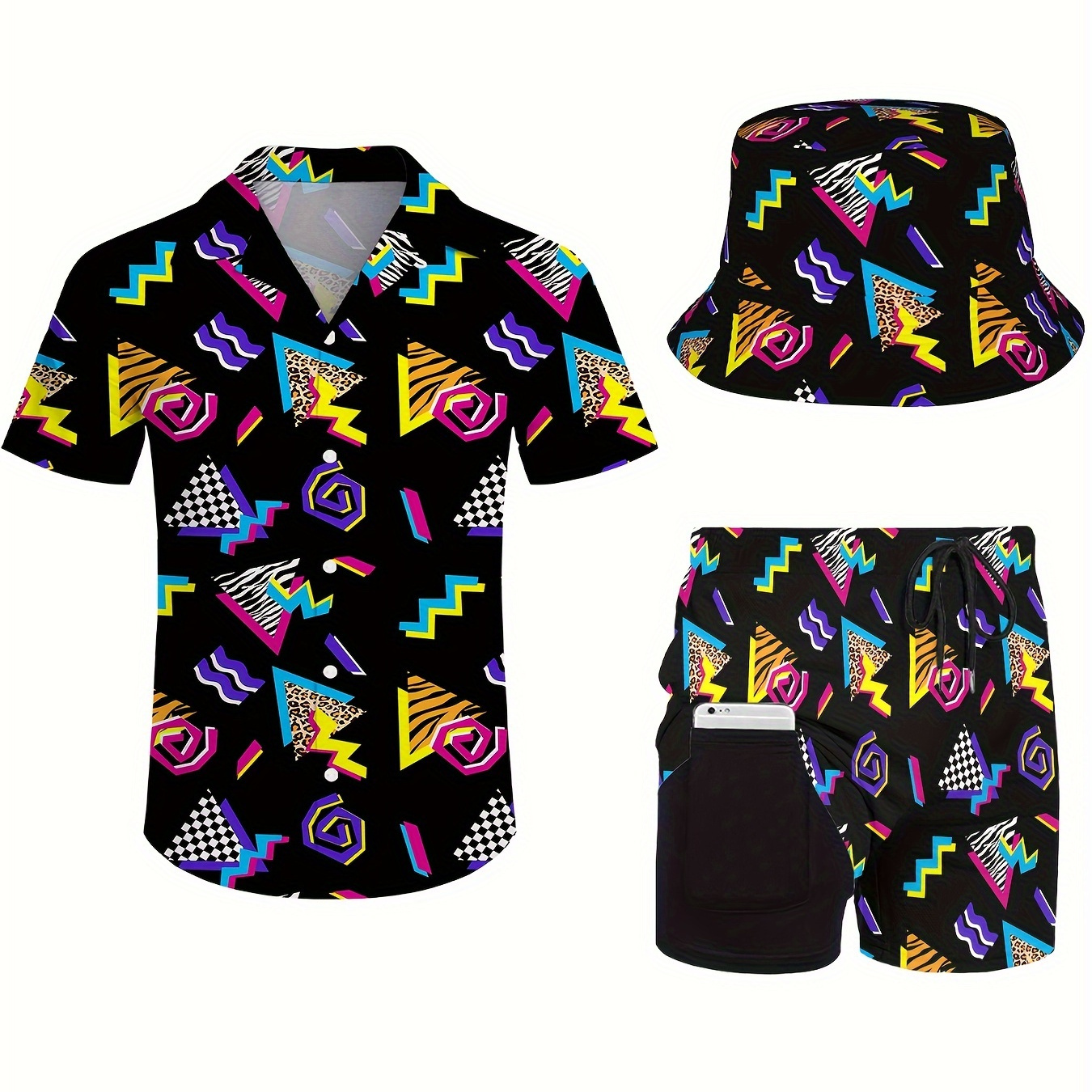 

Men's 3pcs Retro Outfit Beach Set, 80s 90s Sportswear, Hawaiian Sportswear Set, Shirt Beach Shorts And Fisherman Hat Bucket Hat