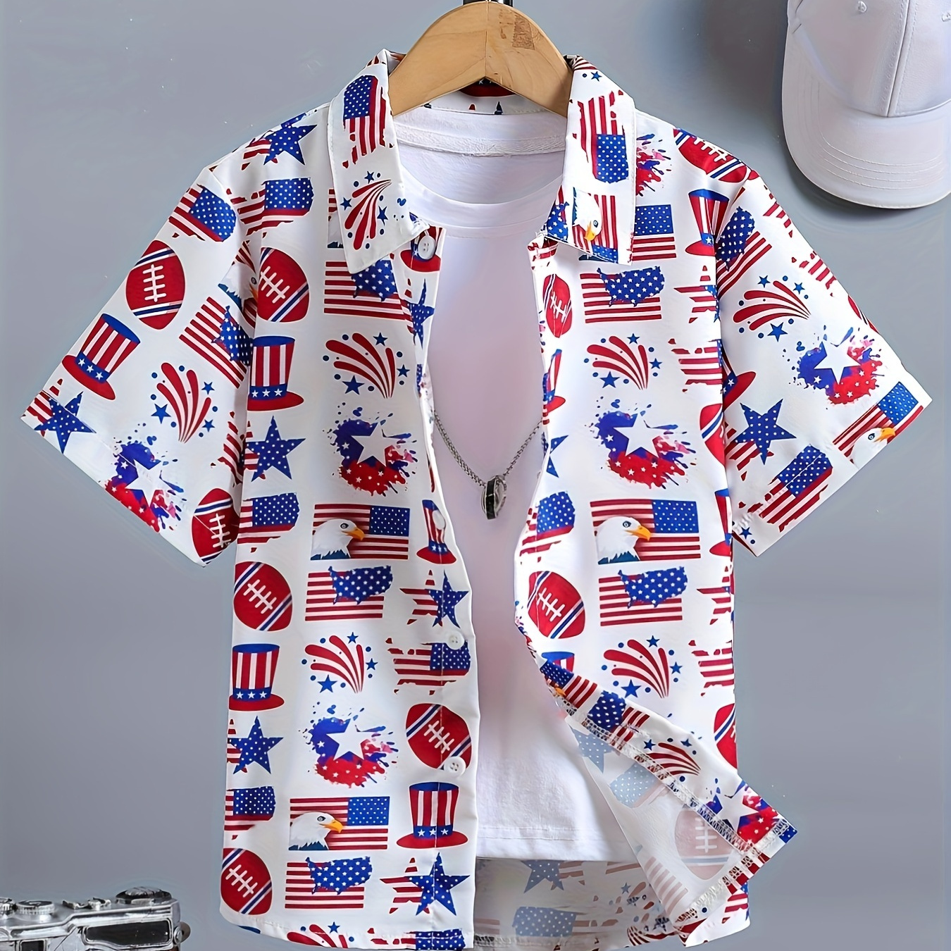 

Boy's 4th Of July Theme Pattern Shirt, Casual Short Sleeve Button Down Loose Comfy Summer Top Shirt