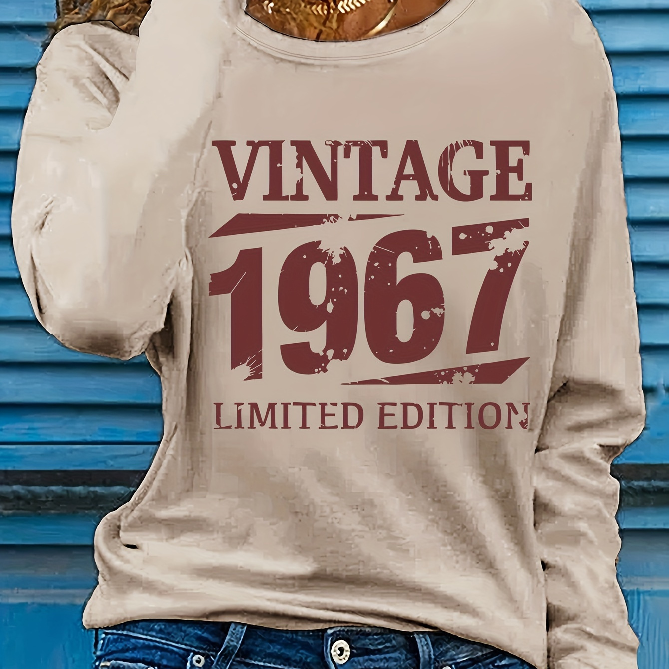 

1pc Vintage 1967 Women's Long Sleeve T-shirt, Casual Round Neck, Polyester Knit Fabric, Regular Fit, Letter Print, All