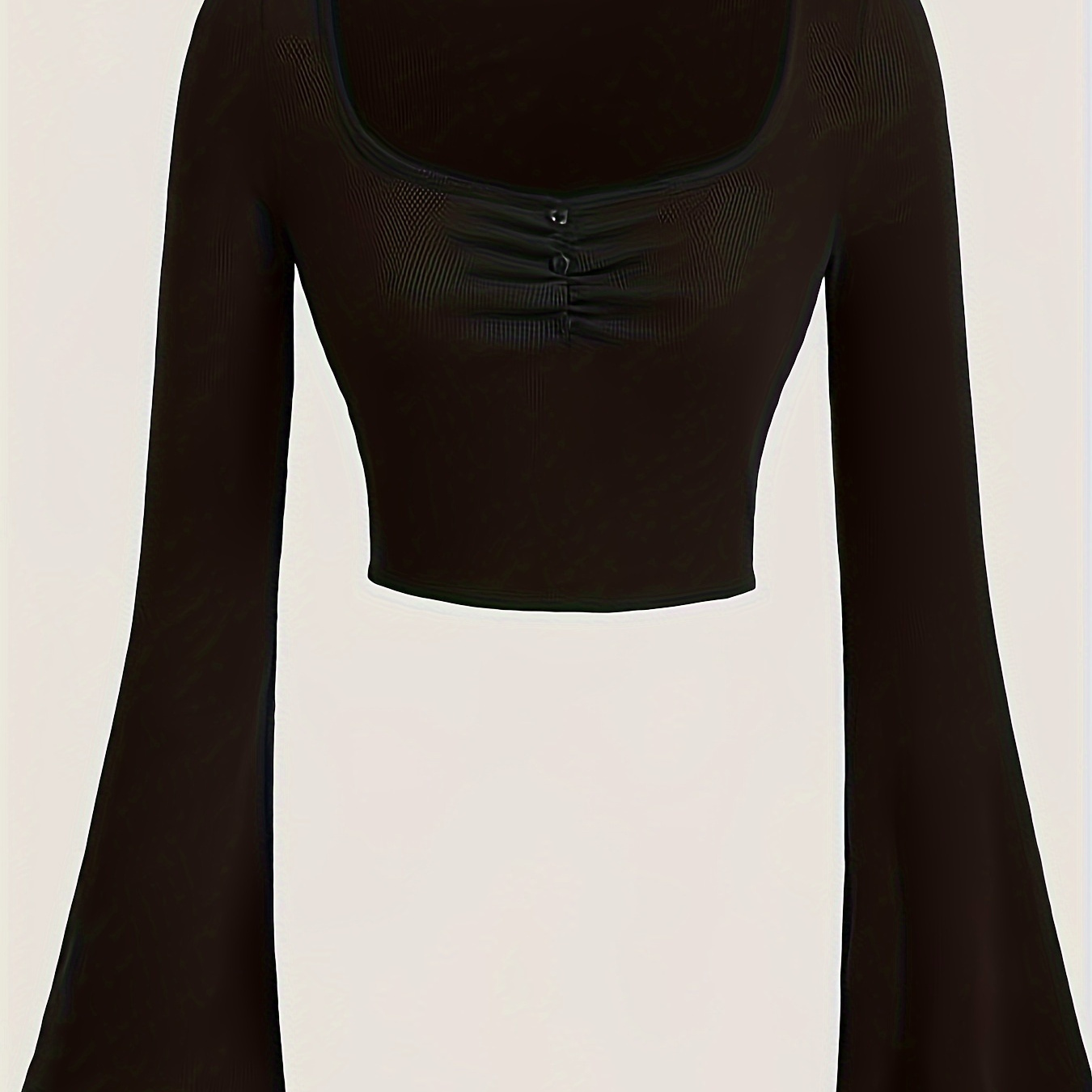 

Square Neck Button Decor Crop T-shirt, Elegant Flare Sleeve Crop T-shirt For Spring & Fall, Women's Clothing