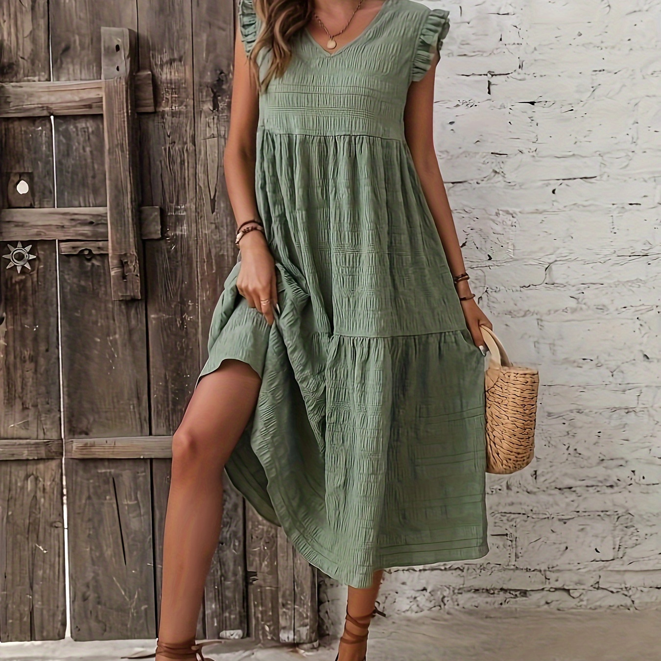 

Textured Solid Color V-neck Dress, Casual Ruffle Sleeve Tiered Hem A-line Dress For Spring & Summer, Women's Clothing