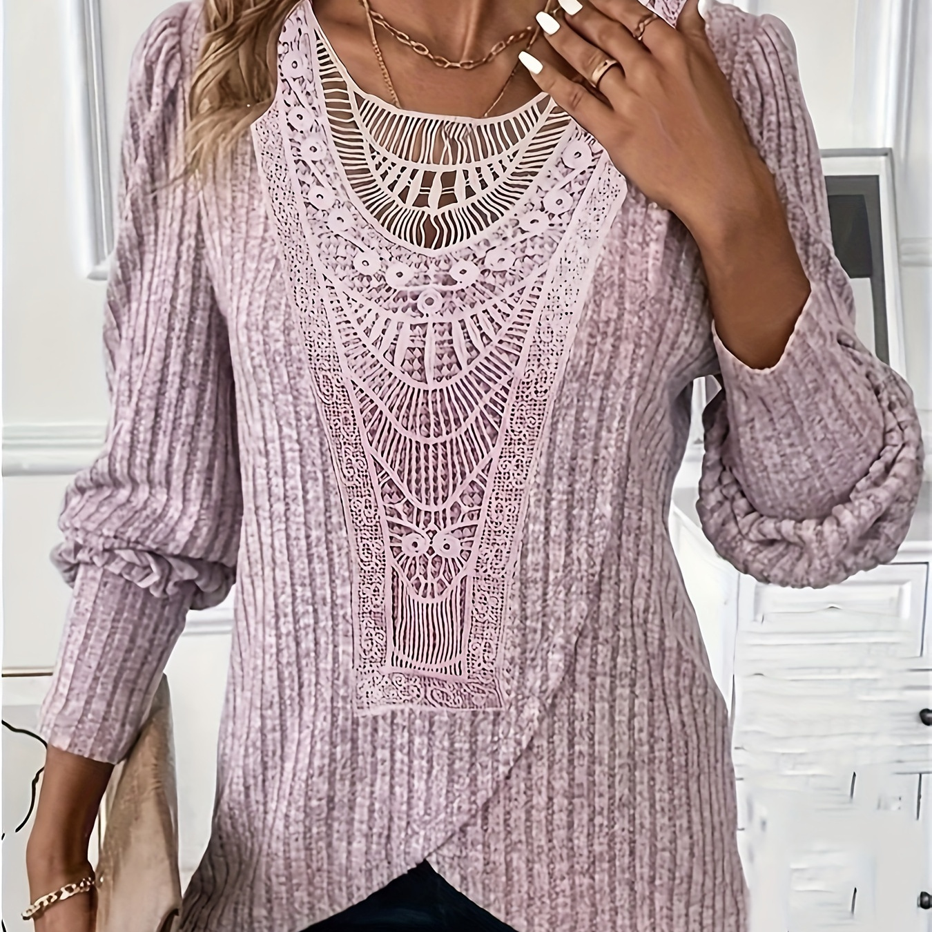 

Lace Splicing Crew Neck T-shirt, Versatile Long Sleeve Cross Front Top For Spring & Fall, Women's Clothing