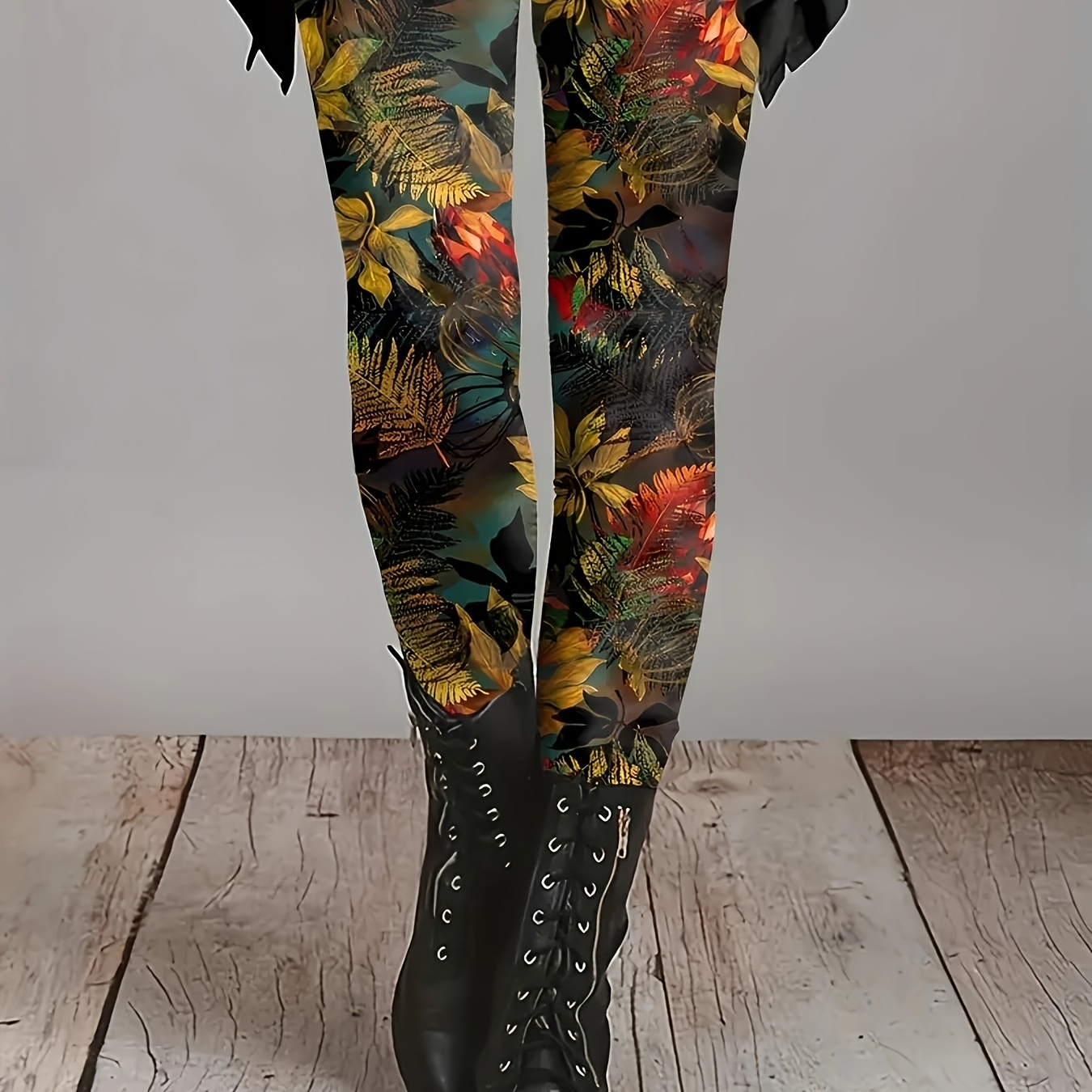 

Leggings Taille Haute à Imprimé Floral pour Femmes - Couleurs Vibrantes d'Automne, Mélange de Polyester Confortable, Port Toutes , Leggings Taille Haute