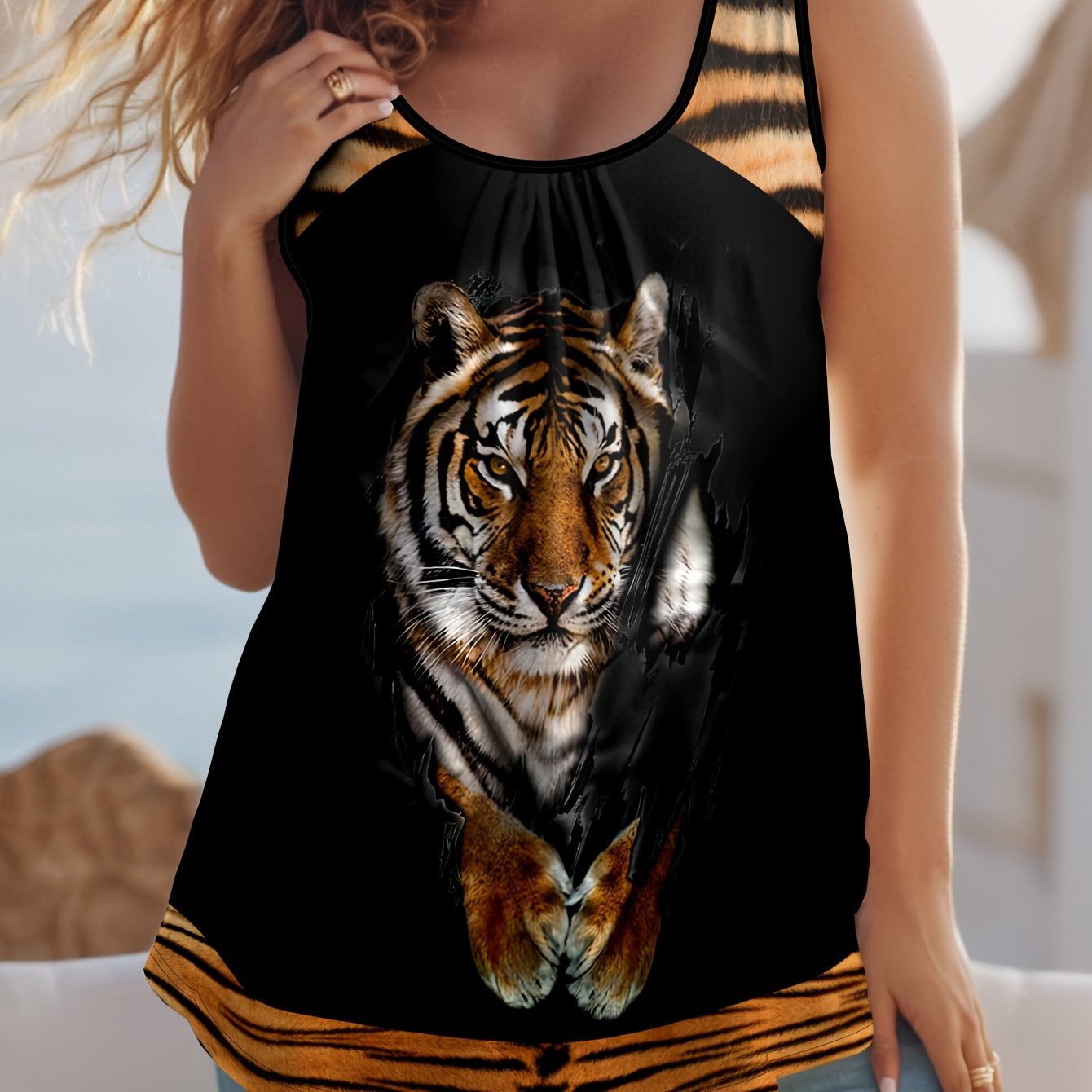 

Plus Size Women's Tiger Print Tank Top - Stretchy, Loose-fit With Pleated Detail, Sleeveless Summer Vest For Vacation