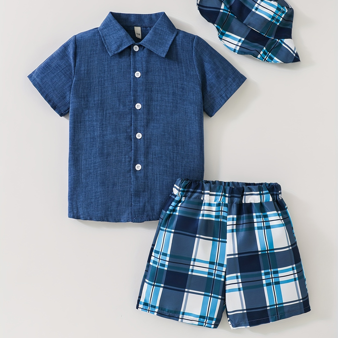 

3pcs-boys' Solid Color Shirt Plaid Shorts Hat Three-piece Suit Casual Tie-in Solid Color Jacket Shorts Suit New Summer Comfortable Handsome Casual Suit