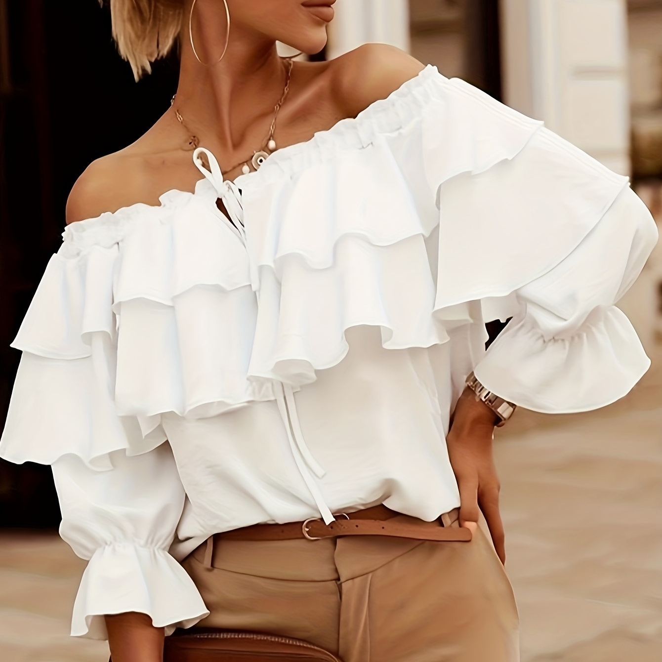 Ruffle Trim Layered Blouse Sexy Shoulder Solid Blouse - Temu