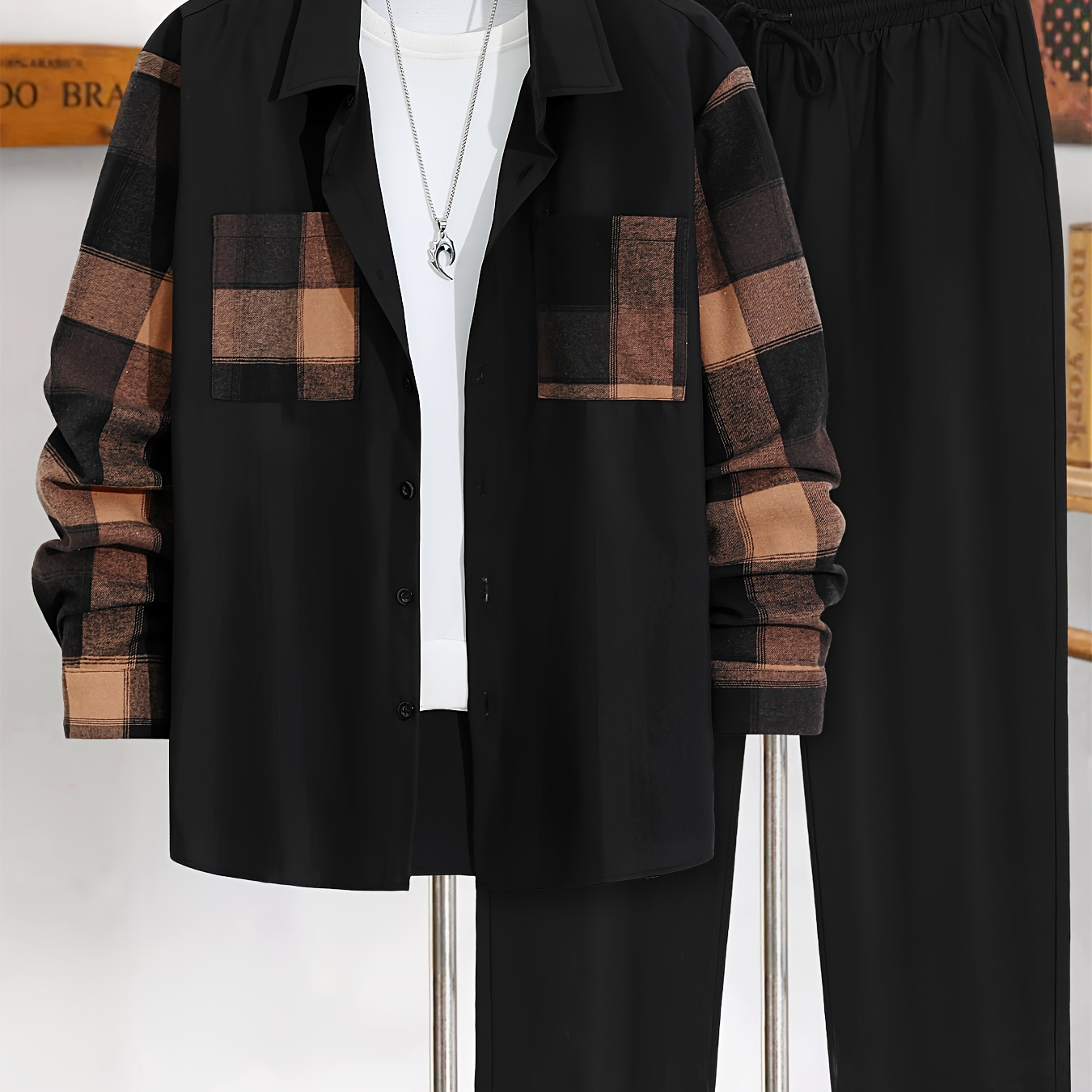 

Plus Size Set, Long Sleeve , Regular Fit, Polyester , Non-stretch, Checkered Accents, For Men