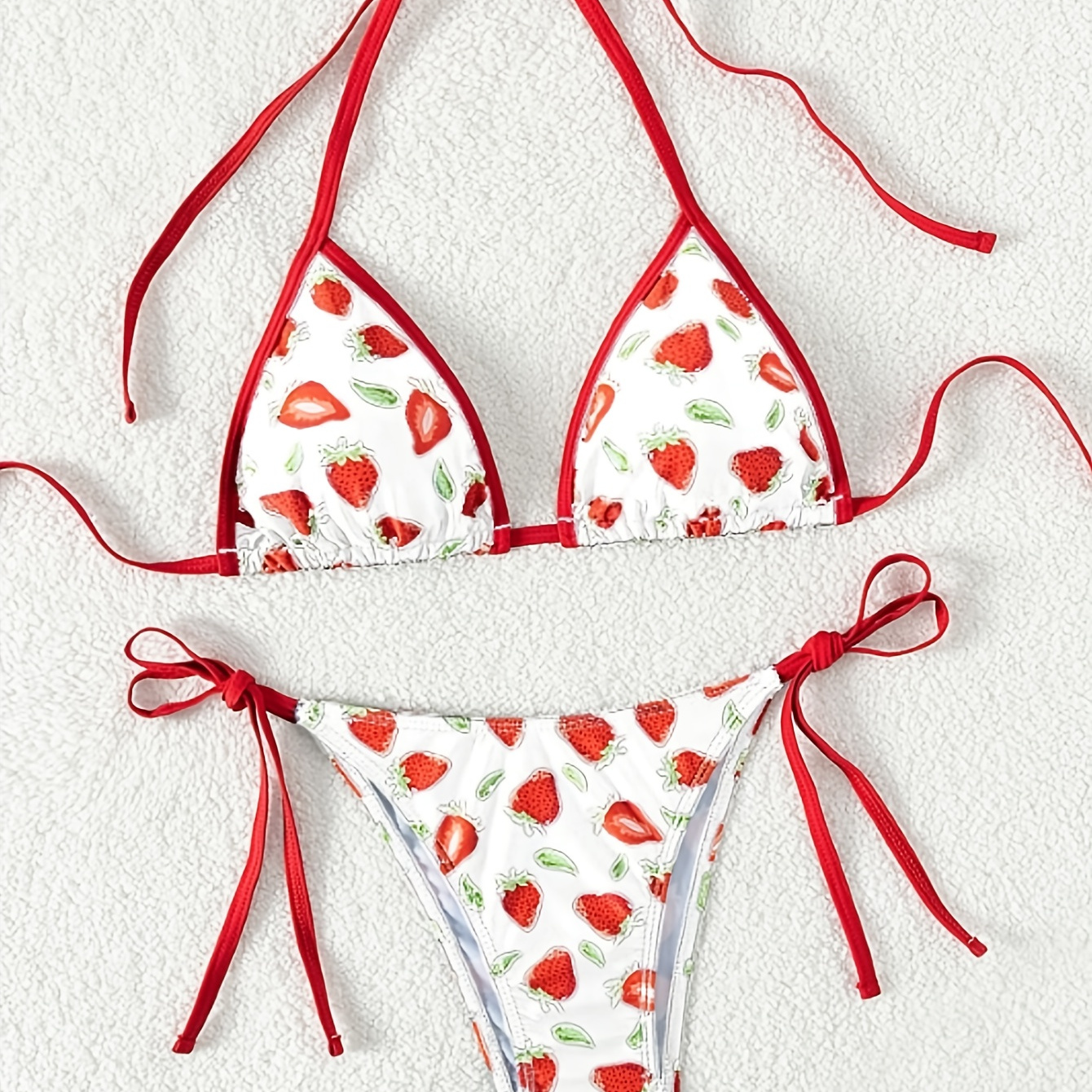 

Women's Sweet Strawberry Print Bikini Set, Sexy Tie-up 2 Piece Swimsuit, Beachwear For Women