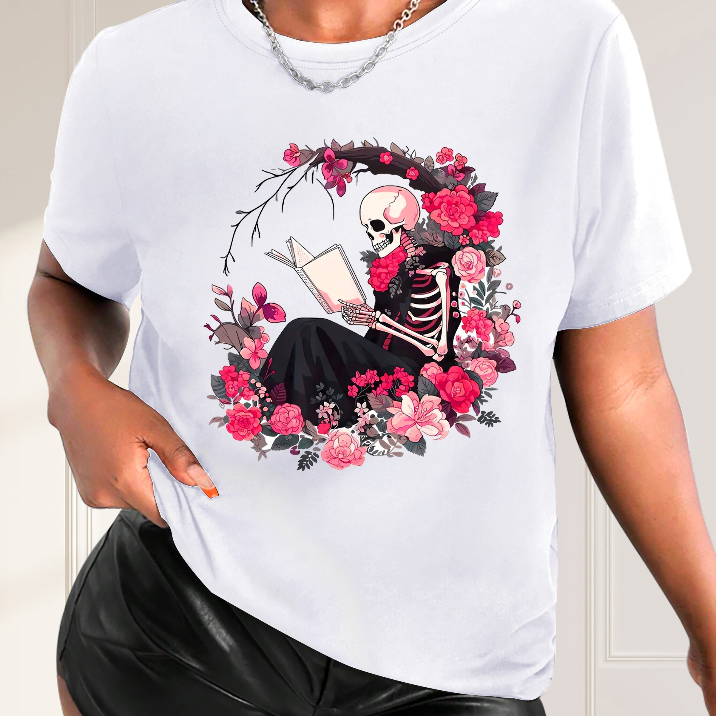 

Valentine's Day Flower And Skull Printed Causal Round Neck T-shirt, Short Sleeves Sports Running Tops, Women's Activewear