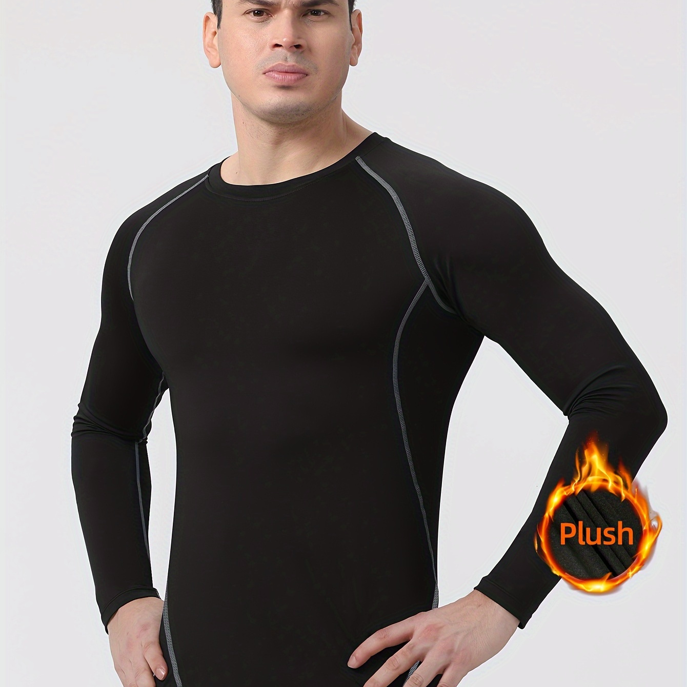 Men's Autumn And Winter Warm Underwear Tops, Fleece Thick Tight-fitting Bottoming High Elastic Sports Tops, Long Sleeve Athletic Base Layer Top Workout Running