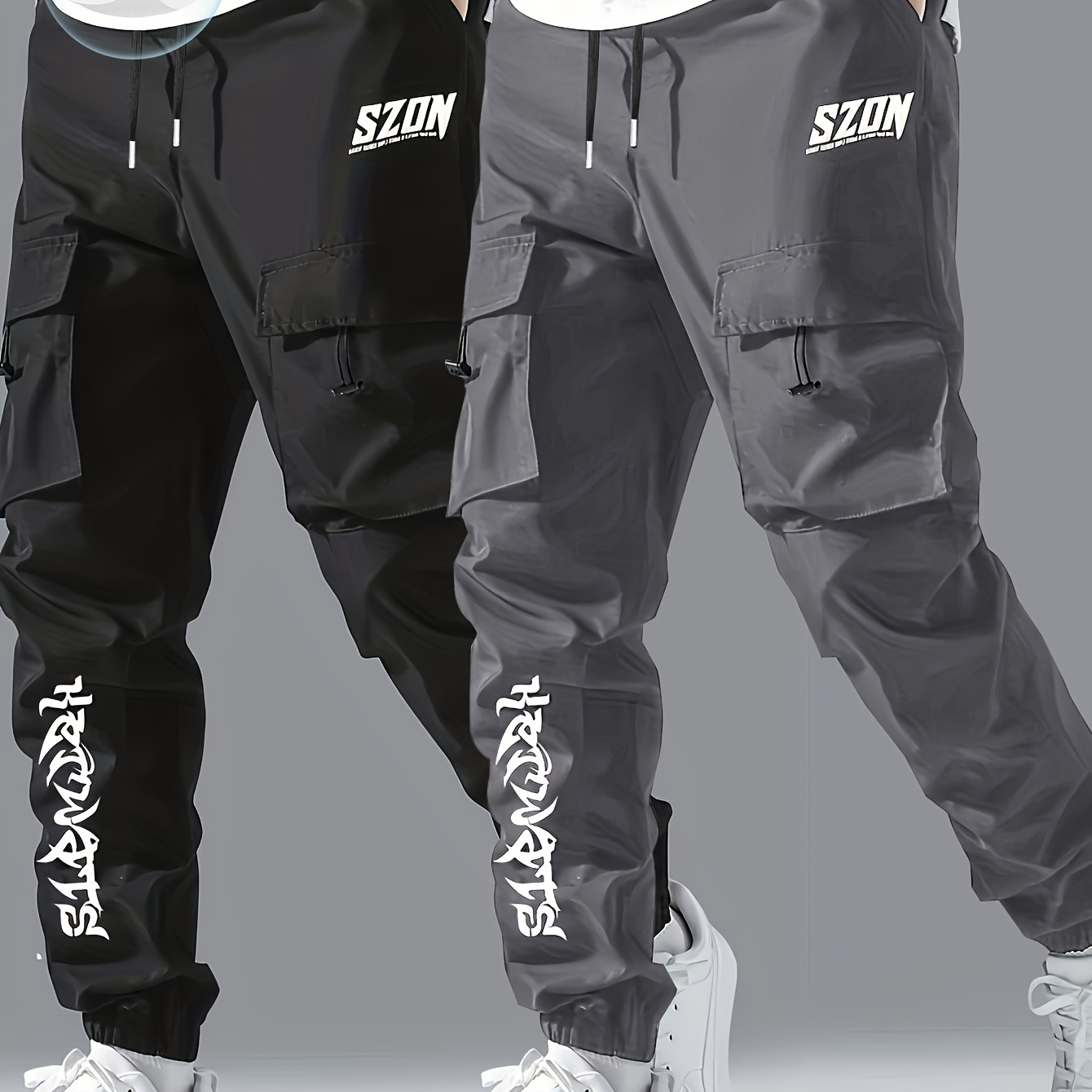 

2-piece Men's Letter Long Cargo Pants With Drawstring And Multi-, Men's Outdoor Pants