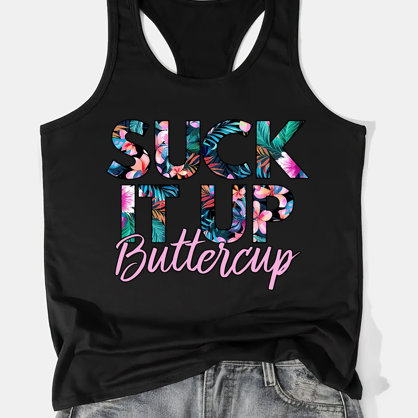 

Large Blue Tank Top - Casual, Stretchy Polyester-elastane , Machine Washable, Round Neck Sleeveless Shirt With Letter Print For Women