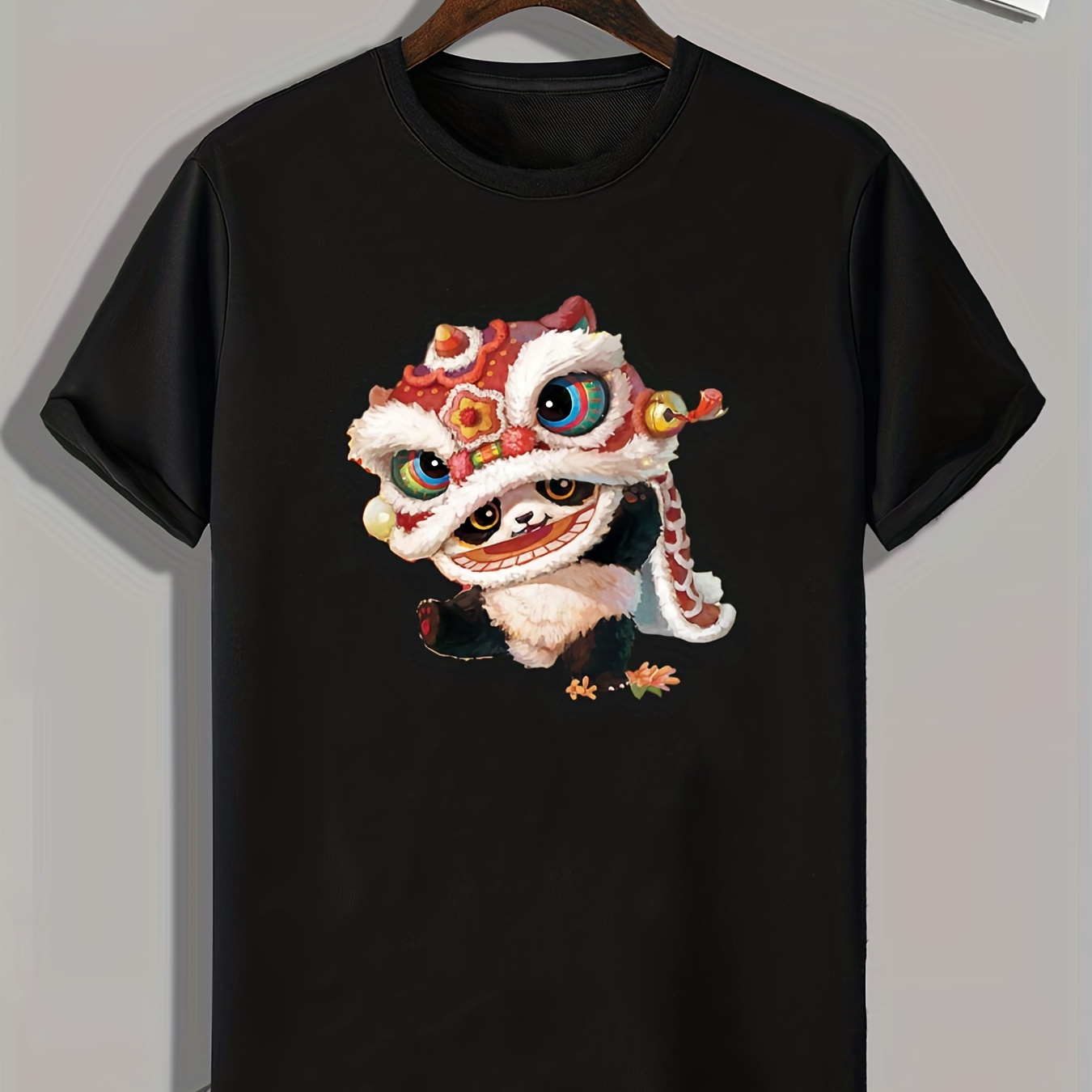 

Panda & Lion Dance Print, Men's Trendy Comfy T-shirt, Active Slightly Stretch Breathable Tee For Outdoor Summer