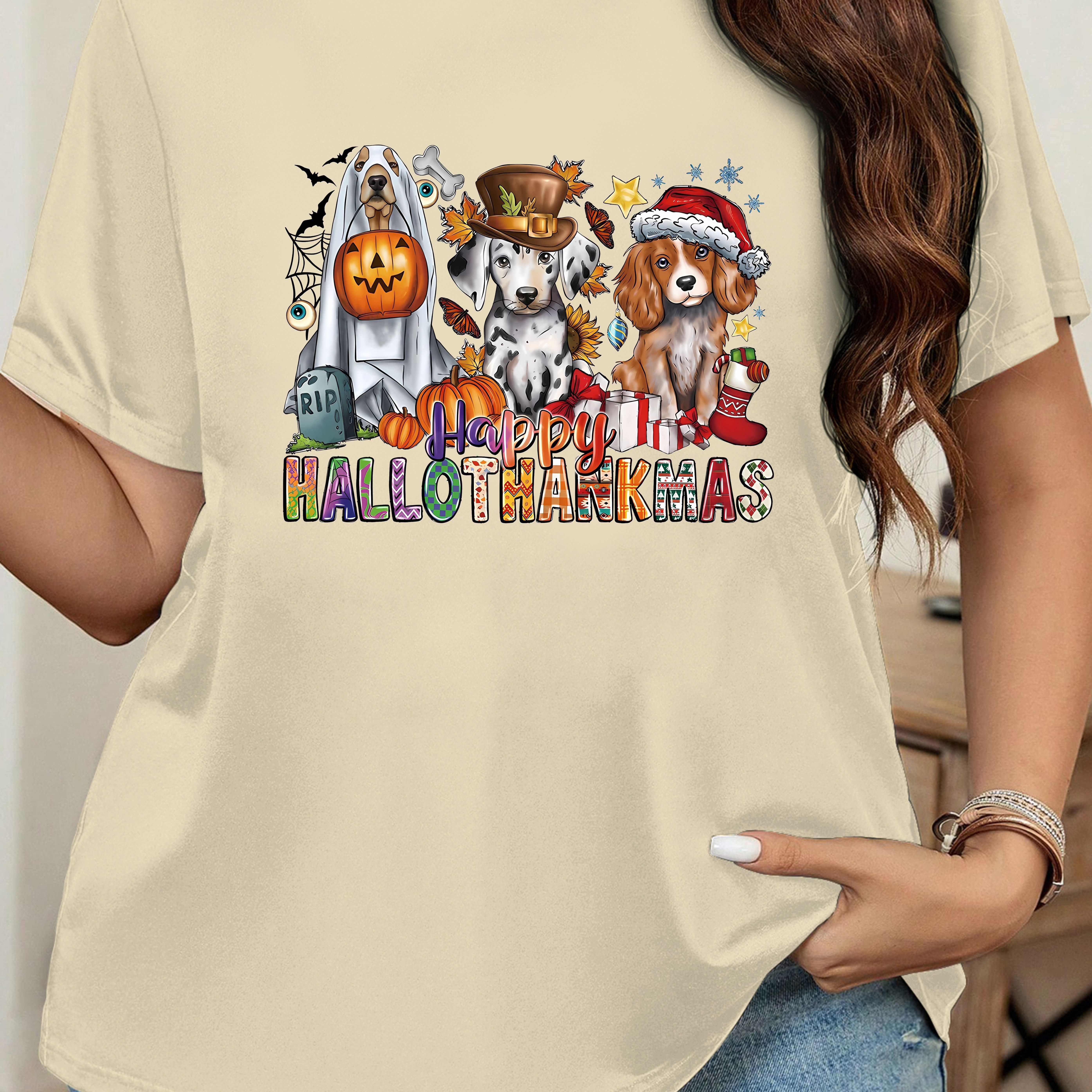 

Women's Plus Size Halloween T-shirt, Casual Style, Festive Ghost Dog & Pumpkin Print With Lettering, Short Sleeve, Round Neck Top
