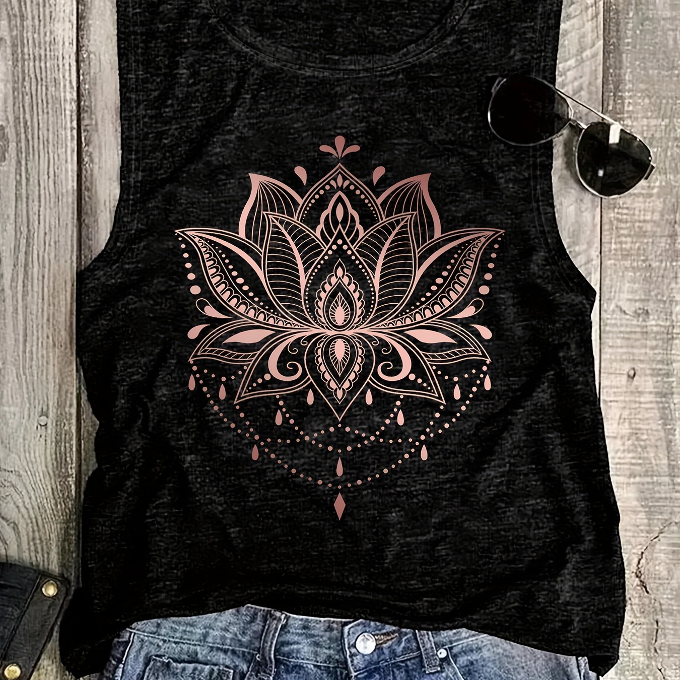 

Lotus Print Tank Top, Sleeveless Casual Top For Summer & Spring, Women's Clothing