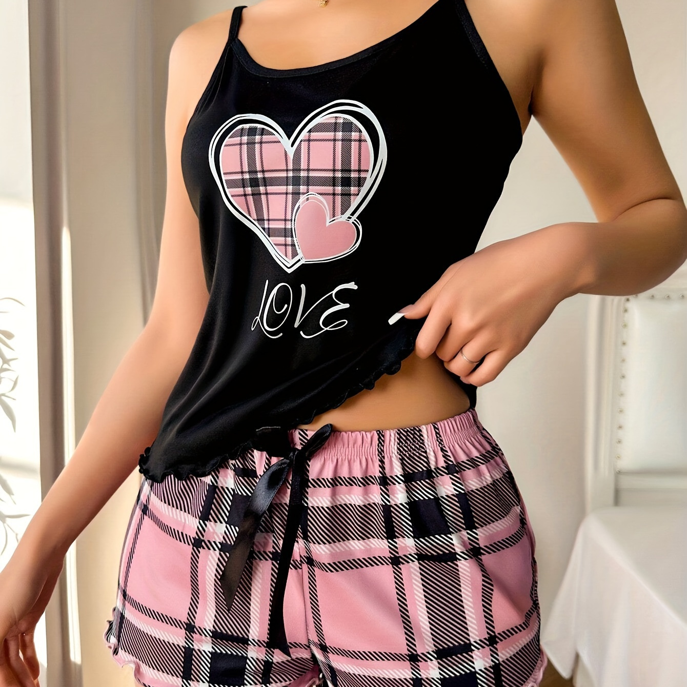 

Plaid Heart Print Frill Trim Pajama Set, Casual Round Neck Backless Cami Top & Elastic Shorts, Women's Sleepwear