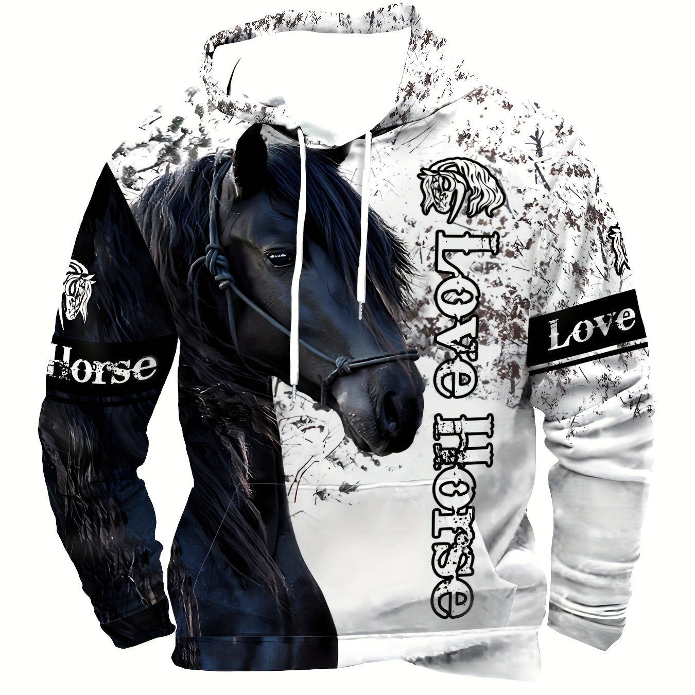 

Dégagé casual équestre à thème amoureux - Sweat-shirt unisexe en mélange de polyester avec impression de cheval, pullover 3D graphique avec capuche, tissu tricoté régulier avec légère élasticité