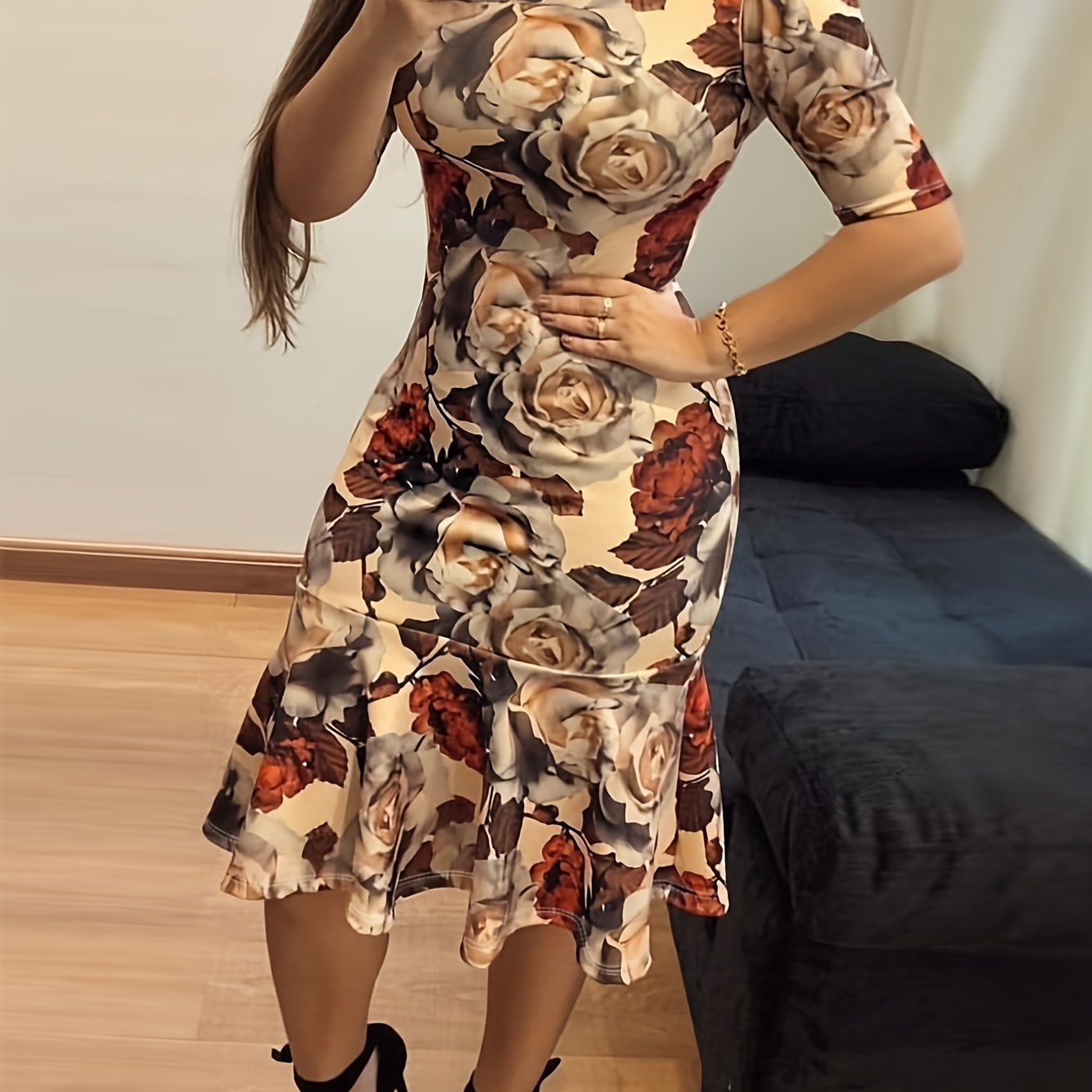 

1pc Vintage Floral Print Peplum Dress For Women, Summer Knit Fabric Crew Neck Polyester And Spandex Midi Dress With Flowy Sleeves