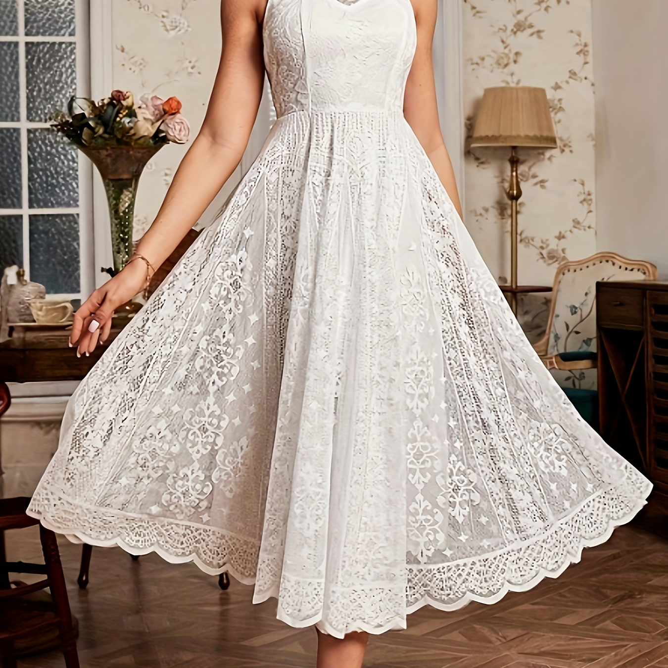 

Solid Lace Scallop Trim Halter Dress, Elegant Sleeveless Ruffle Hem Swing Aline Dress For Party & Banquet, Women's Clothing
