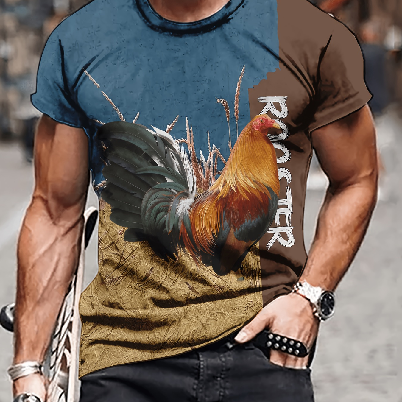 

Men's Rooster Graphic Print T-shirt, Short Sleeve Crew Neck Tee, Men's Clothing For Summer Outdoor