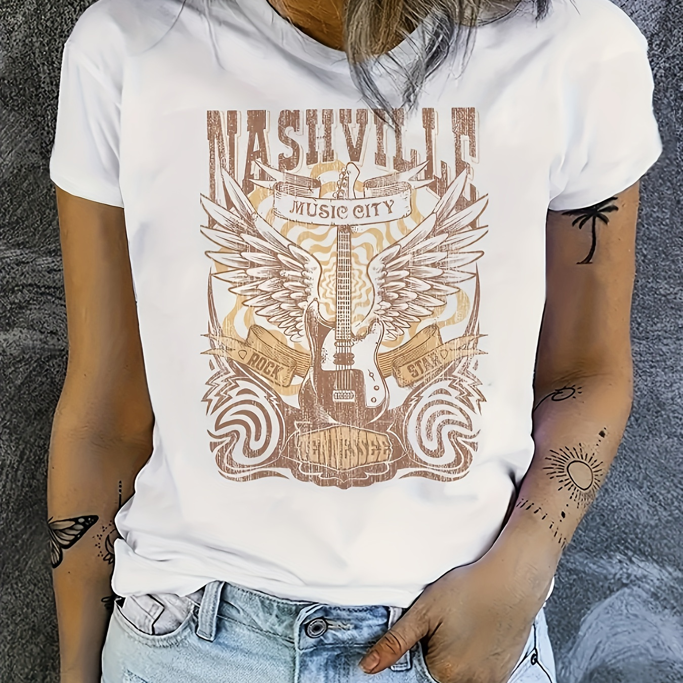 

Nashville Neck T-shirt, Casual Short Sleeve Top For , Women's Clothing