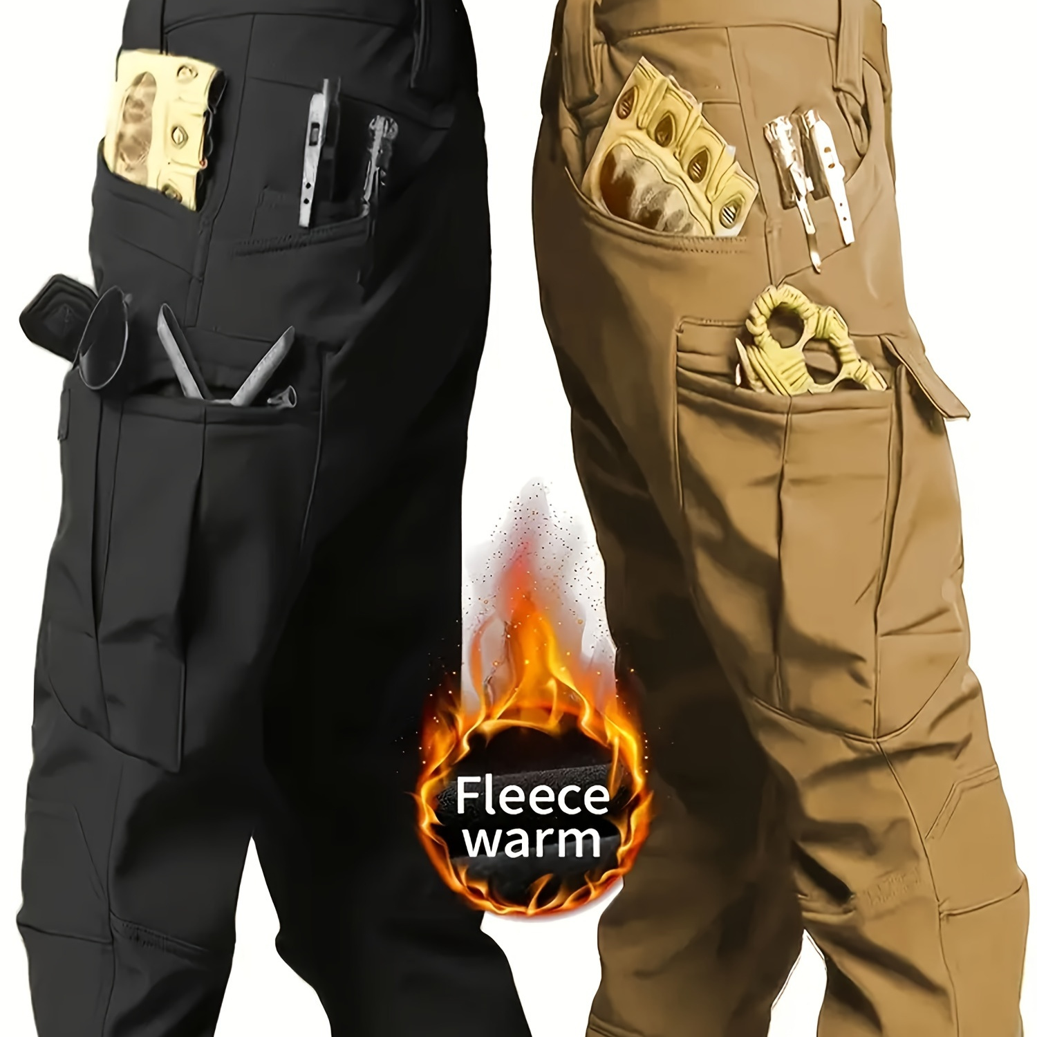 

2 Pcs Men's Fleece Lined Ultimate Thermal Tactical Pants - Waterproof, Windproof, Multi-pocket, Loose Fit, Cargo Style - , Hiking, Camping, Trekking, And Military Activities,