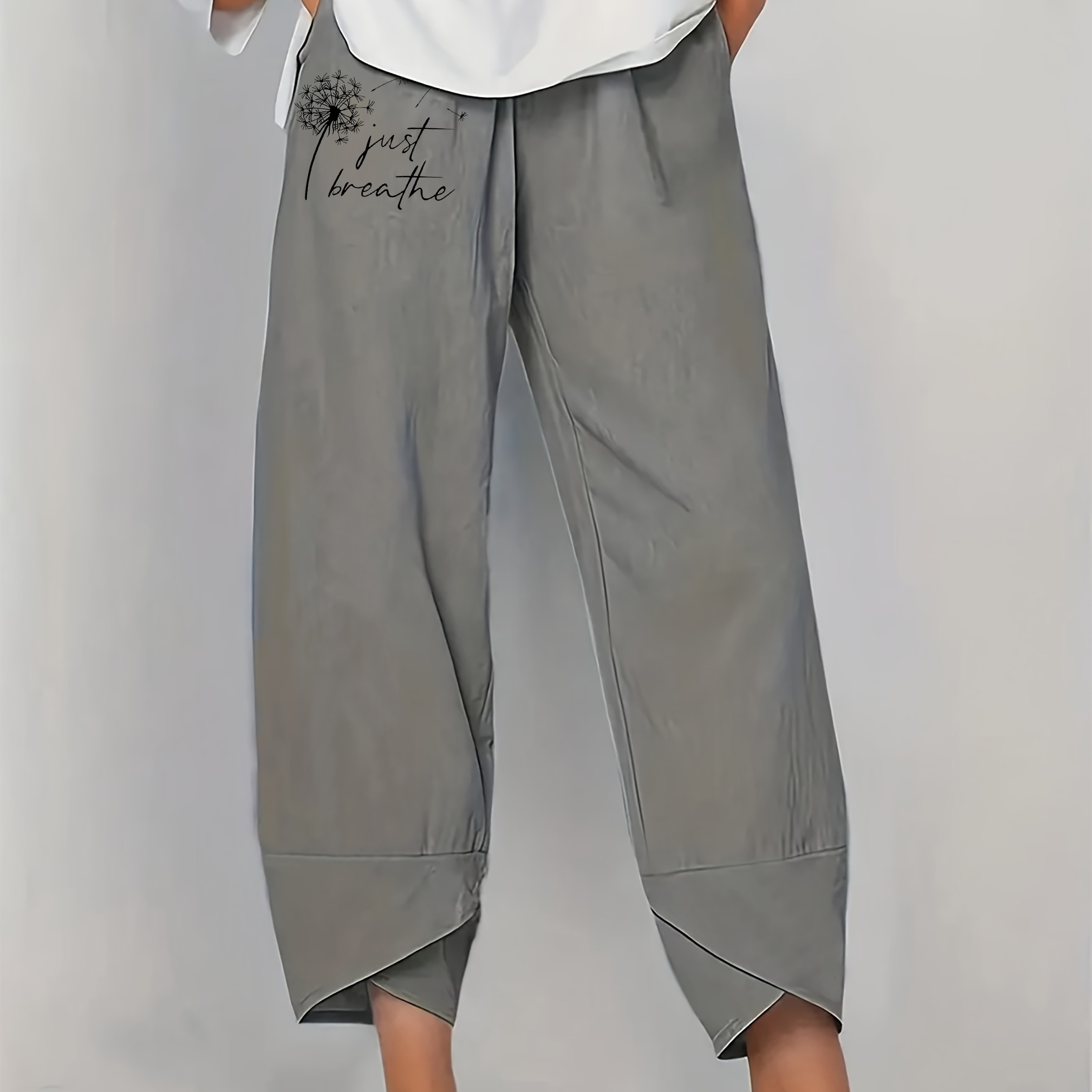 

Plus Size Dandelion Print Baggy Pants, Casual Elastic Waist Pants For Spring & Fall, Women's Plus Size Clothing