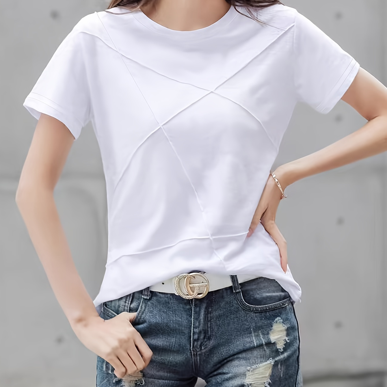 TEMU Solid Color Crew Neck T-shirt, Versatile Short Sleeve T-shirt For Spring & Summer, Women's Clothing