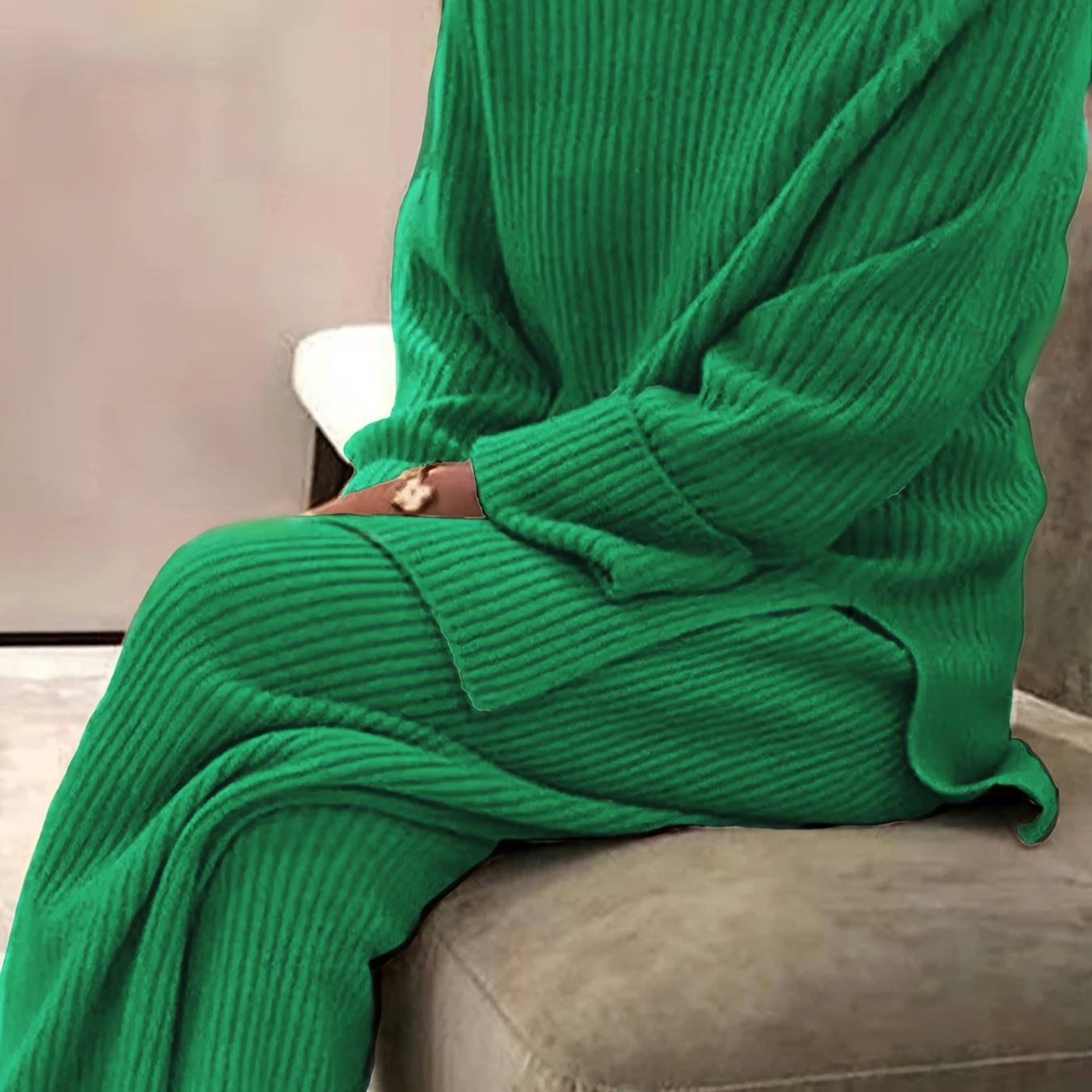 

Solid Color Elegant Knitted 2 Piece Set, Split Long Sleeve Crew Neck Sweater & Pants Outfits, Women's Clothing