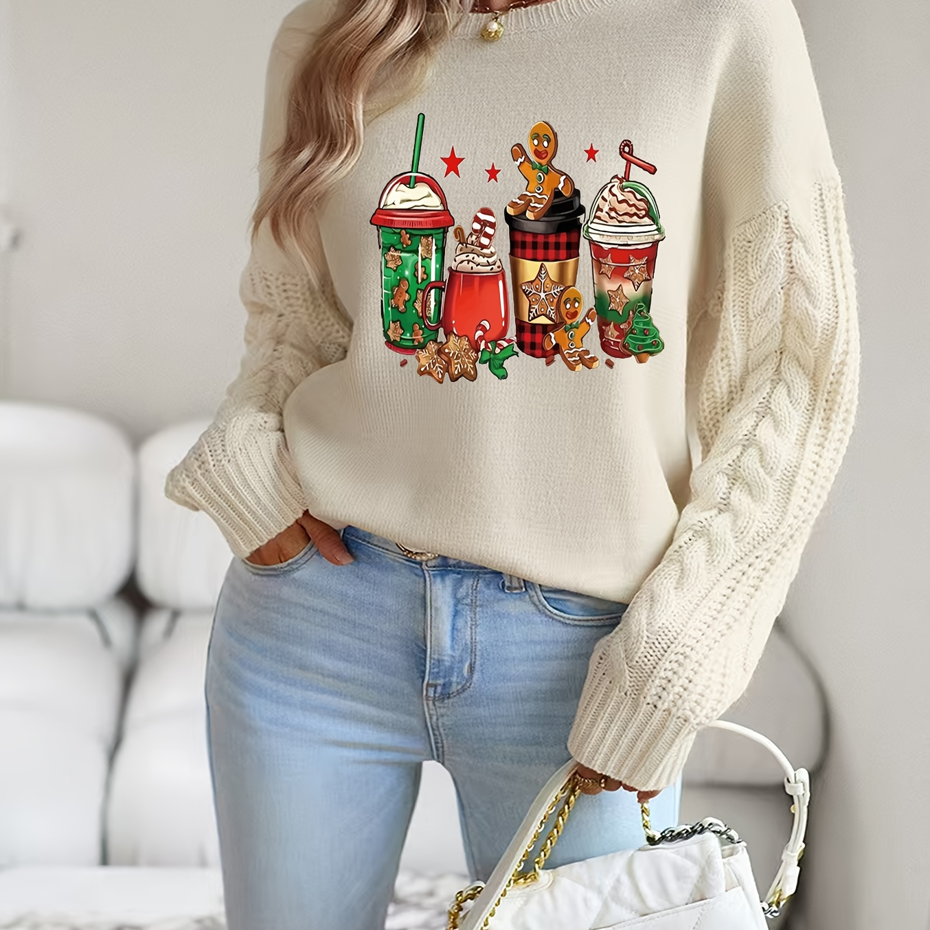 

1pc Chic Christmas Neck Sweater For Women - Polyester Knit Long Sleeve Pullover With Cable Knit Detail - Holiday Top For Fall/winter