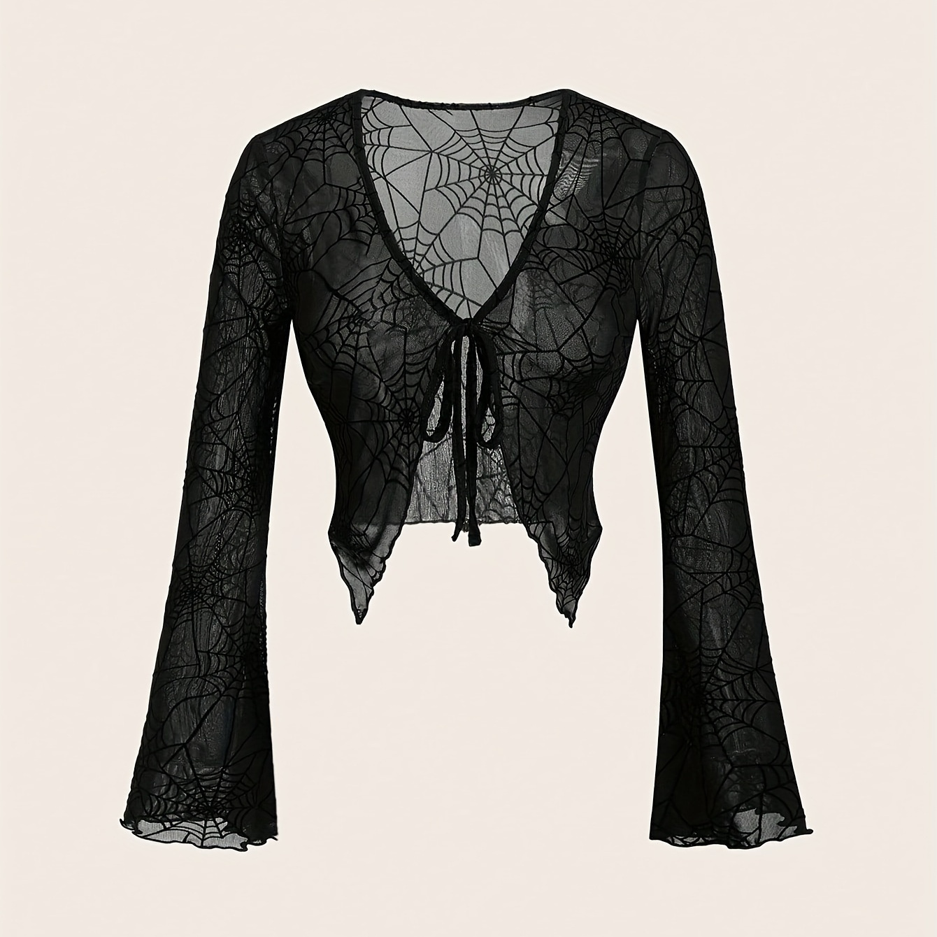 

Spider Web Pattern V-neck Top, Elegant Flare Sleeve Tie Front Top For Spring & Fall, Women's Clothing